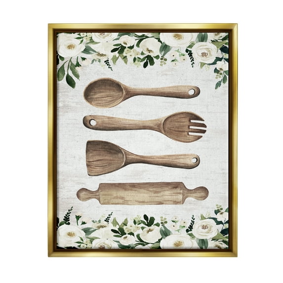 Stupell Industries Kitchen Utensils & Roses Botanical & Floral Painting Gold Floater Framed Art Print Wall Art, 25 x 31
