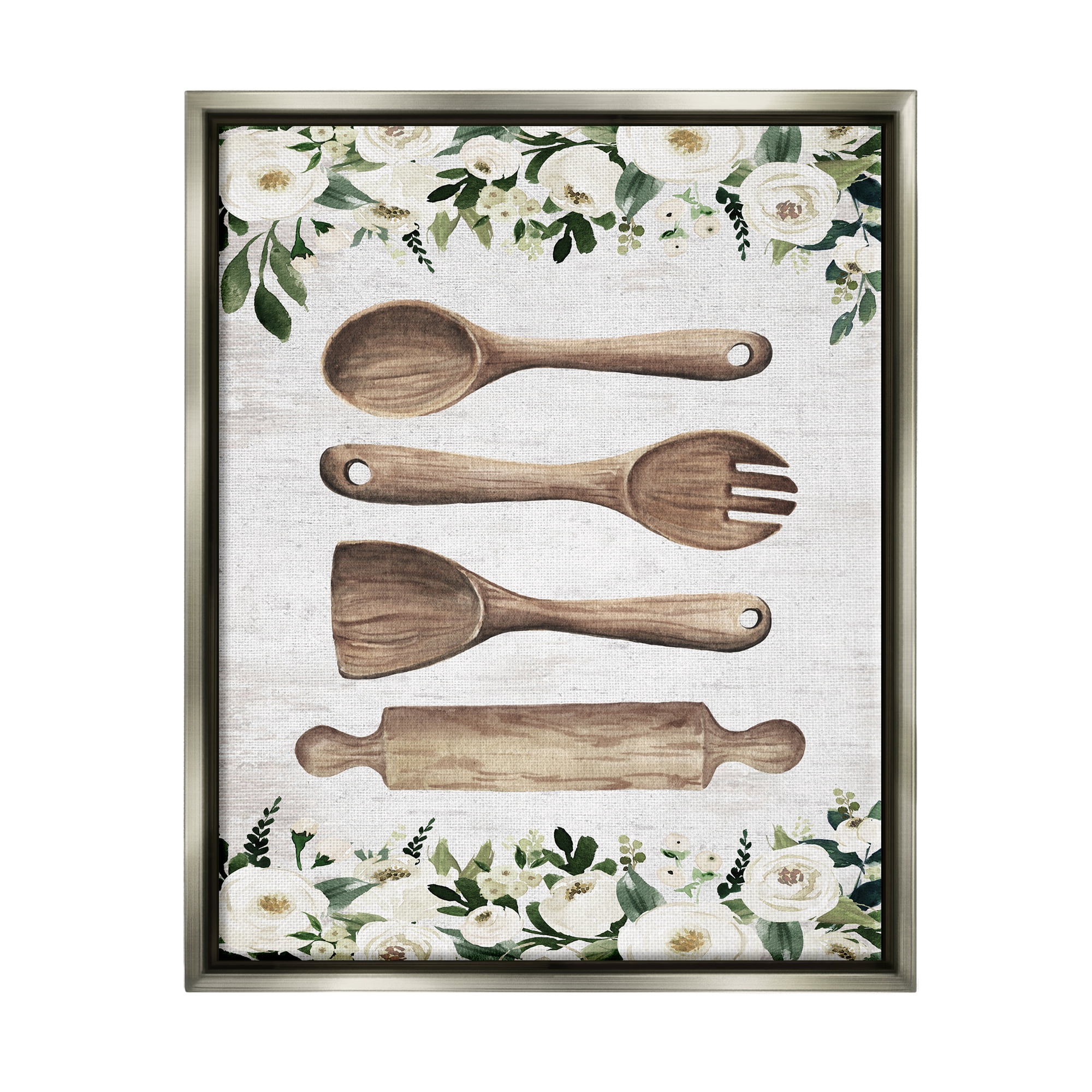 Stupell Industries Kitchen Utensils & Roses Botanical & Floral Painting Gray Floater Framed Art Print Wall Art, 17 x 21
