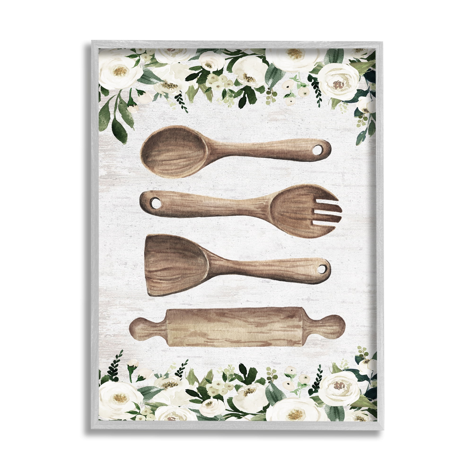 Stupell Industries Kitchen Utensils & Roses Botanical & Floral Painting Gray Framed Art Print Wall Art, 16 x 20