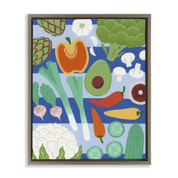 Stupell Industries Kitchen Veggies on Stripes Brown Framed Floater Canvas Wall Art design by Courtney Haley, 31 x 25