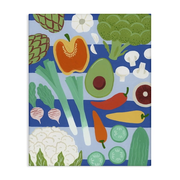 Stupell Industries Kitchen Veggies on Stripes Canvas Wall Art design by Courtney Haley, 20 x 16