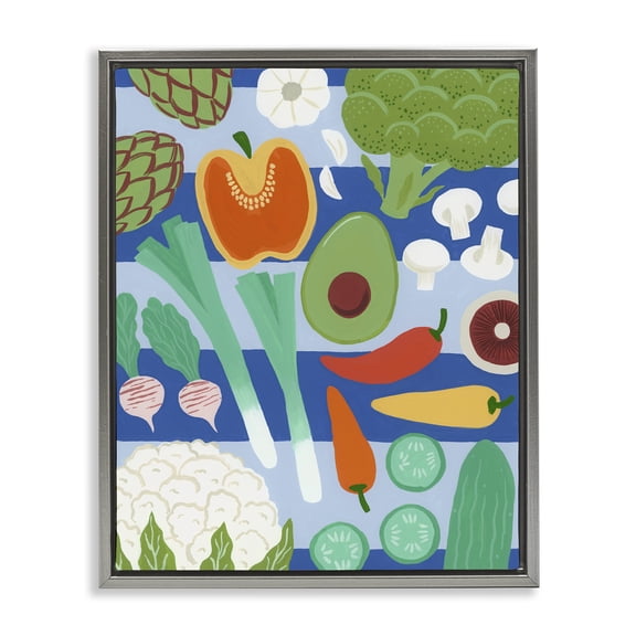 Stupell Industries Kitchen Veggies on Stripes Gray Framed Floater Canvas Wall Art design by Courtney Haley, 31 x 25