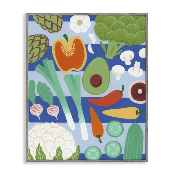 Stupell Industries Kitchen Veggies on Stripes Gray Framed Giclee Art design by Courtney Haley, 30 x 24