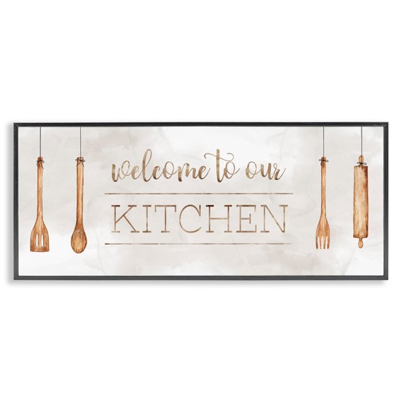 Stupell Industries Kitchen Welcome with Utensils Quotes and Sayings Painting Black Framed Art Print Wall Art, 24 x 10
