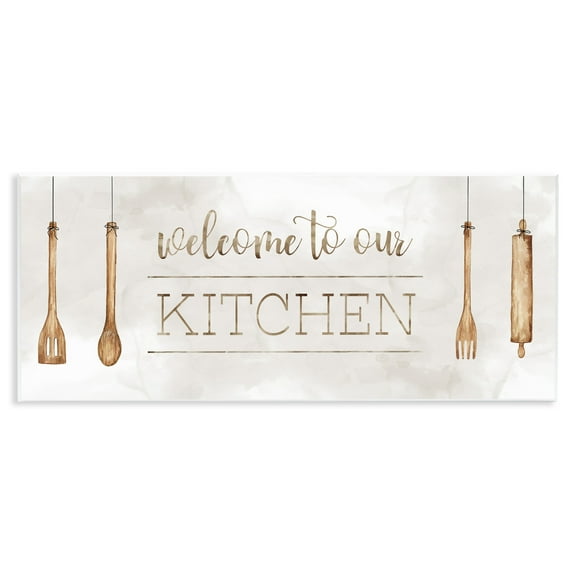 Stupell Industries Kitchen Welcome with Utensils Quotes and Sayings Painting Unframed Art Print Wall Art, 17 x 7