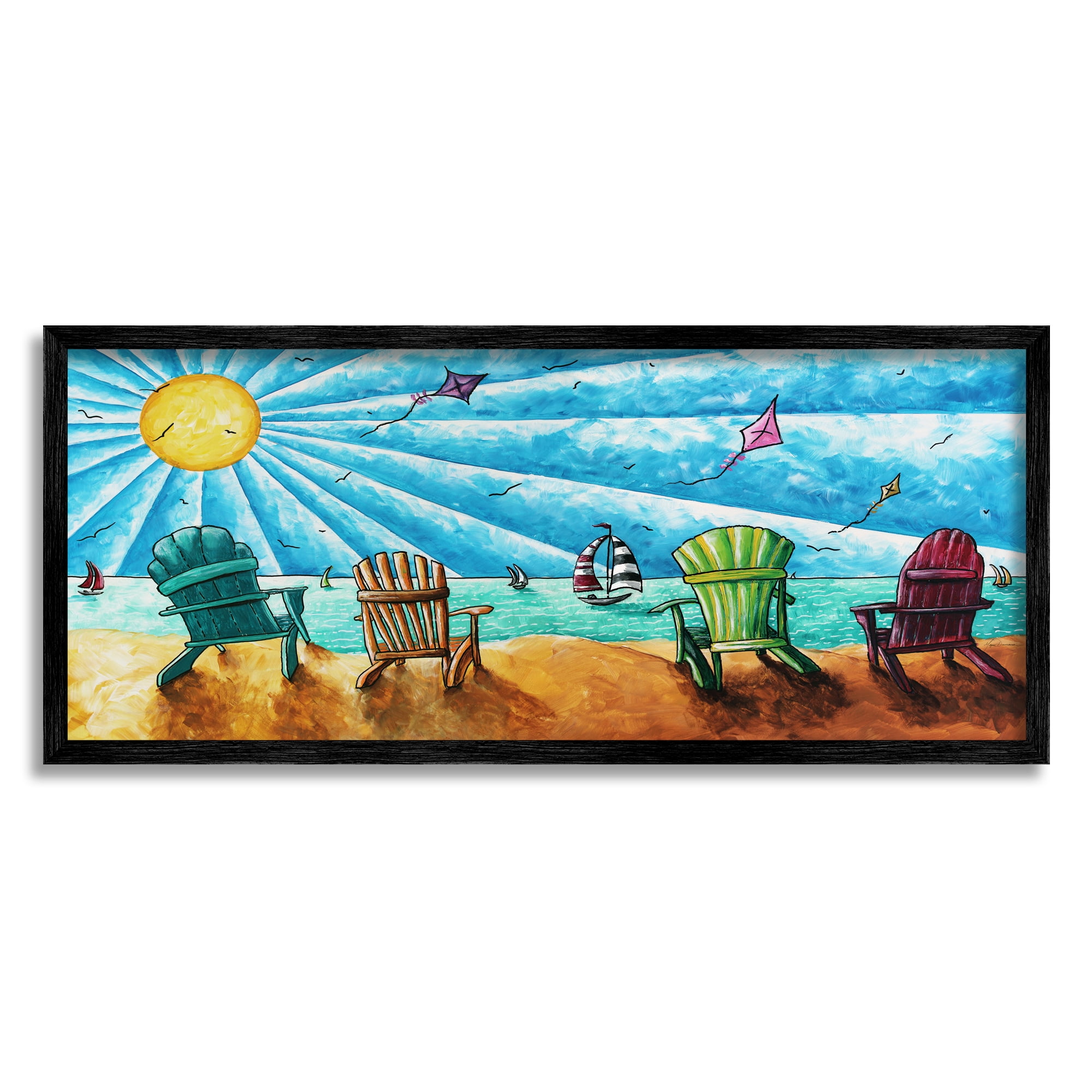 Stupell Industries Kites Flying on Beach Nature Painting Black Framed Art Print Wall Art, 24 x 10