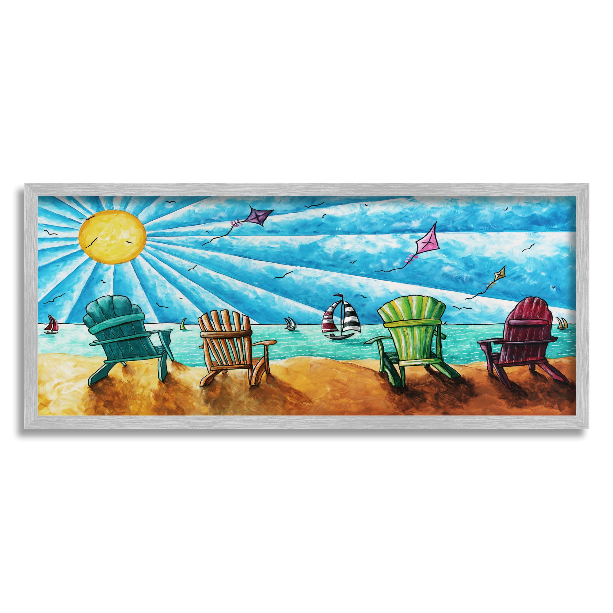 Stupell Industries Kites Flying on Beach Nature Painting Gray Framed Art Print Wall Art, 24 x 10