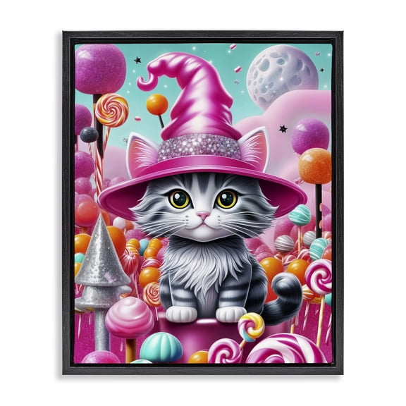 Stupell Industries Kitten Among Pink Candies Animals Painting Black Floater Framed Canvas Art Print Wall Art, 17 x 21