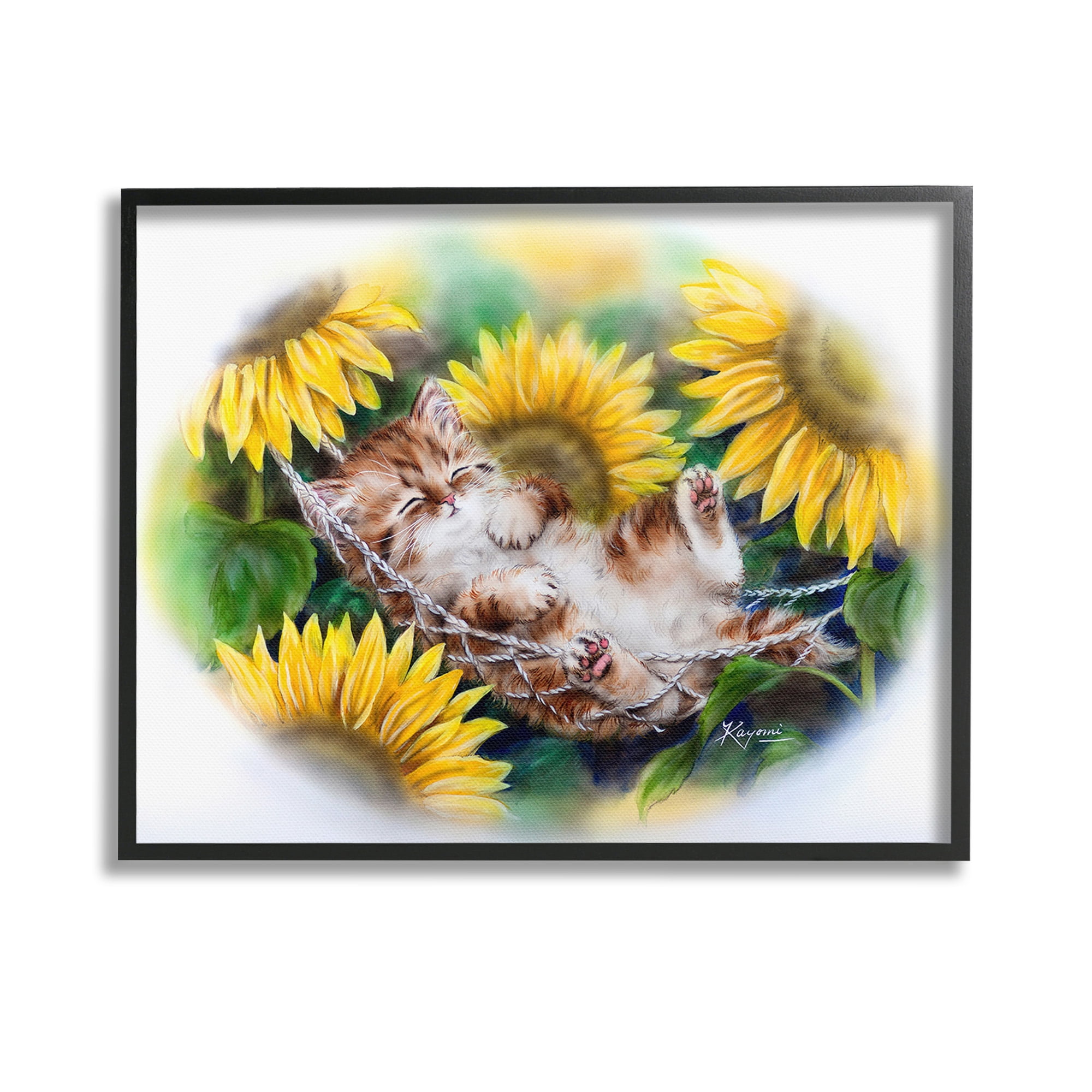 Stupell Industries Kitten Asleep with Sunflowers Animals & Insects Painting Black Framed Art Print Wall Art, 14 x 11