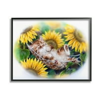Stupell Industries Kitten Asleep with Sunflowers Animals & Insects Painting Black Framed Art Print Wall Art, 14 x 11