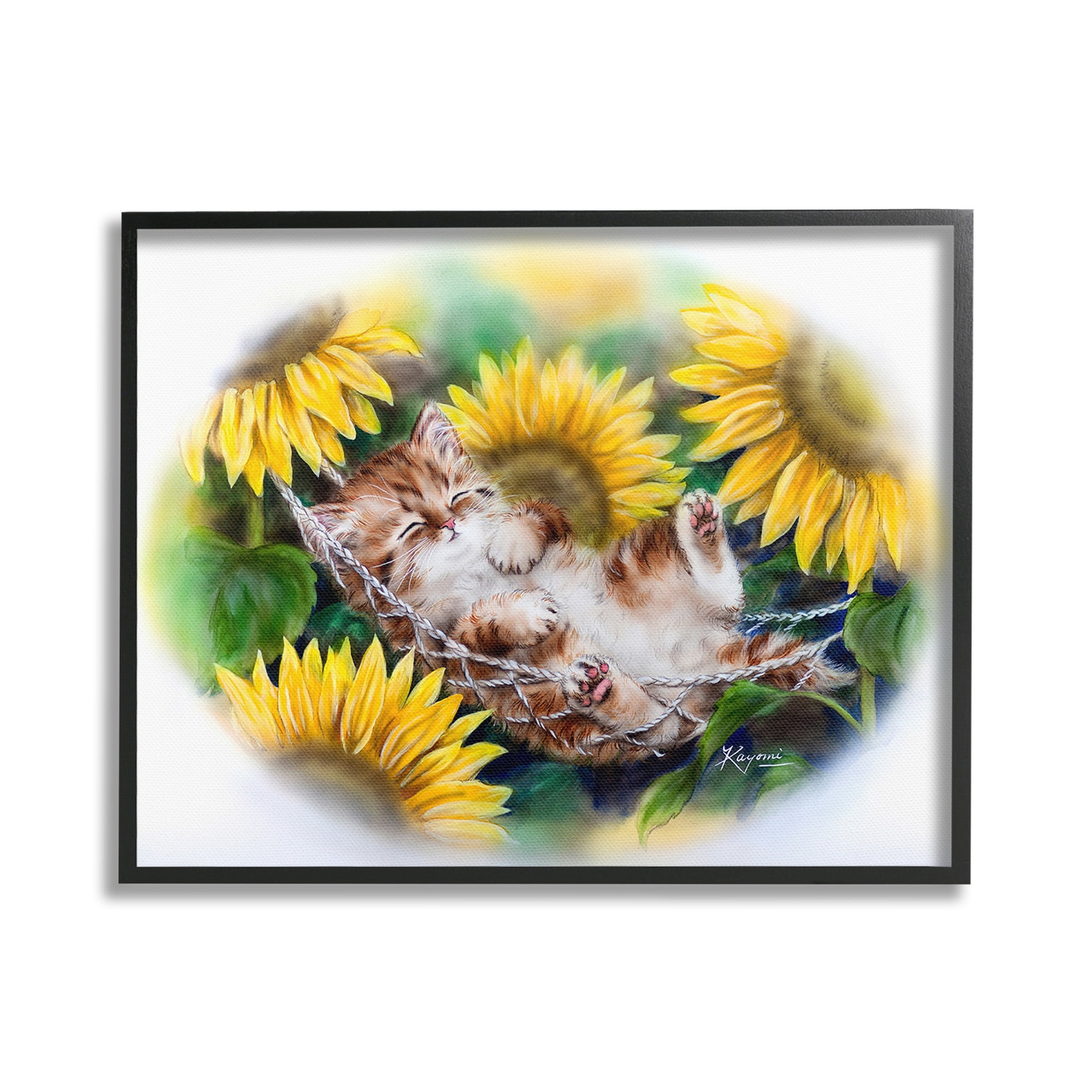 Stupell Industries Kitten Asleep with Sunflowers Animals & Insects Painting Black Framed Art Print Wall Art, 30 x 24