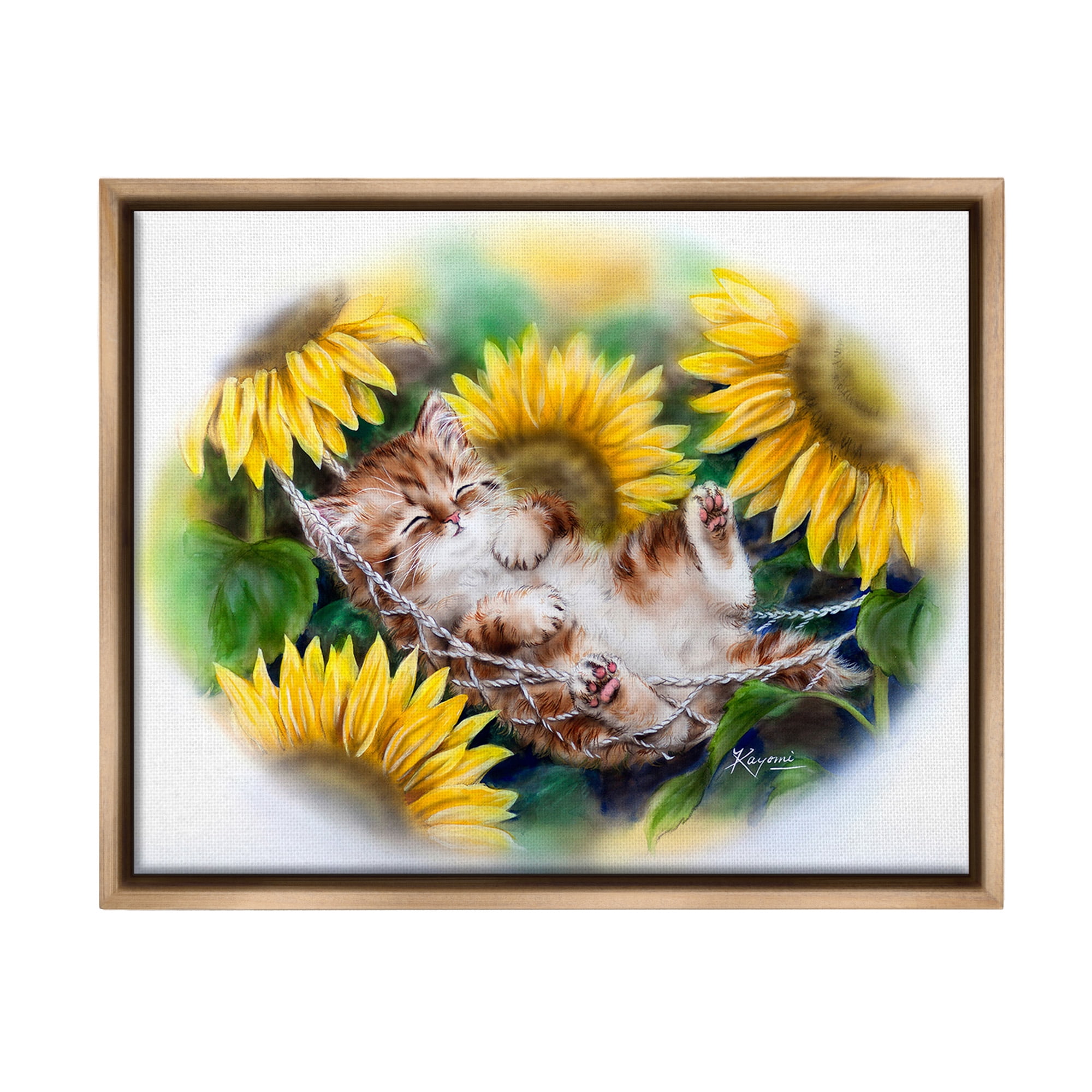 Stupell Industries Kitten Asleep with Sunflowers Animals & Insects Painting Brown Floater Framed Canvas Art Print Wall Art, 31 x 25