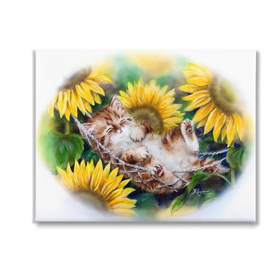 Stupell Industries Kitten Asleep with Sunflowers Animals & Insects Painting Gallery Wrapped Canvas Art Print Wall Art, 20 x 16