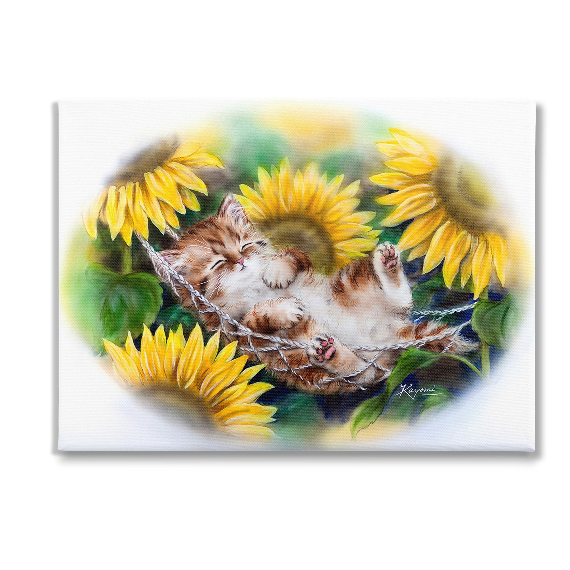 Stupell Industries Kitten Asleep with Sunflowers Animals & Insects Painting Gallery Wrapped Canvas Art Print Wall Art, 48 x 36