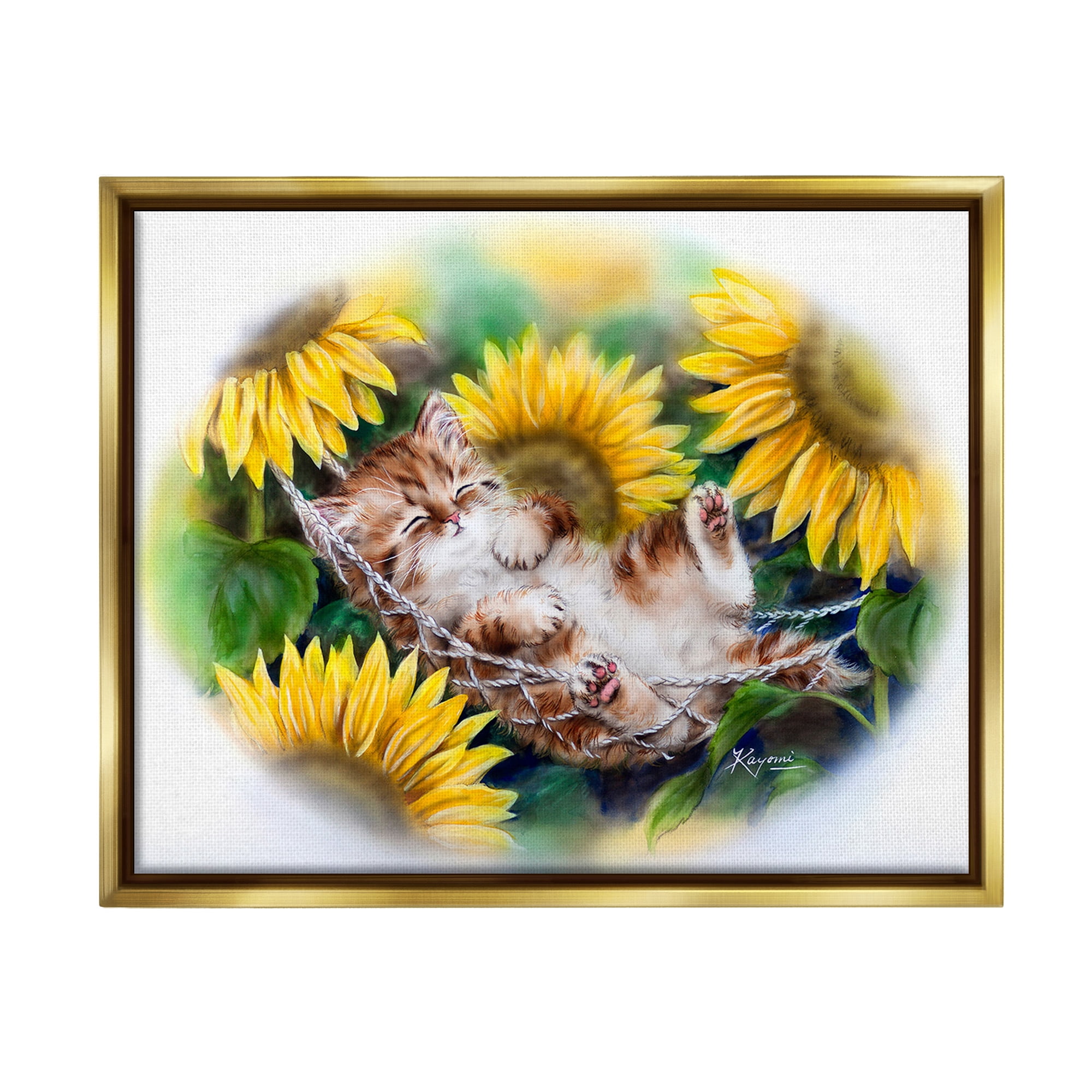 Stupell Industries Kitten Asleep with Sunflowers Animals & Insects Painting Gold Floater Framed Canvas Art Print Wall Art, 31 x 25