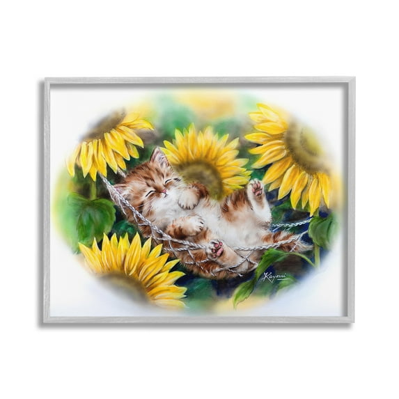 Stupell Industries Kitten Asleep with Sunflowers Animals & Insects Painting Gray Framed Art Print Wall Art, 20 x 16