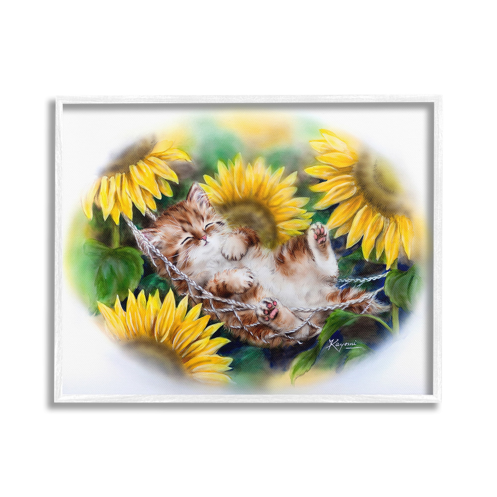 Stupell Industries Kitten Asleep with Sunflowers Animals & Insects Painting White Framed Art Print Wall Art, 20 x 16