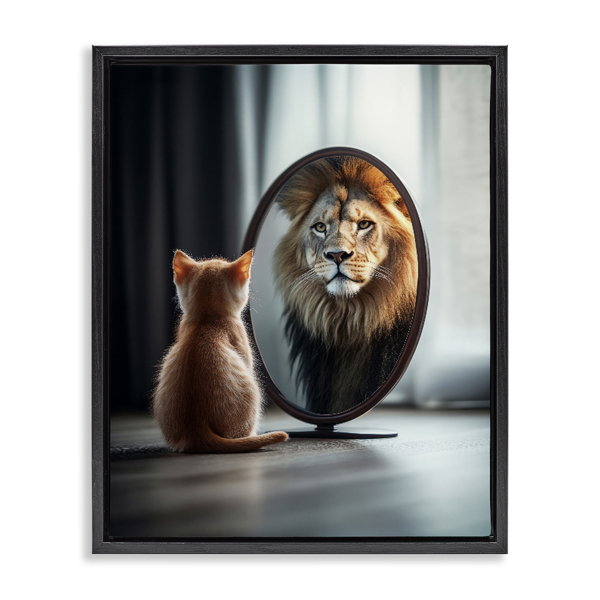 Stupell Industries Kitten Becomes Lion Illusion Black Framed Floater Canvas Wall Art, design by Scott Stulberg