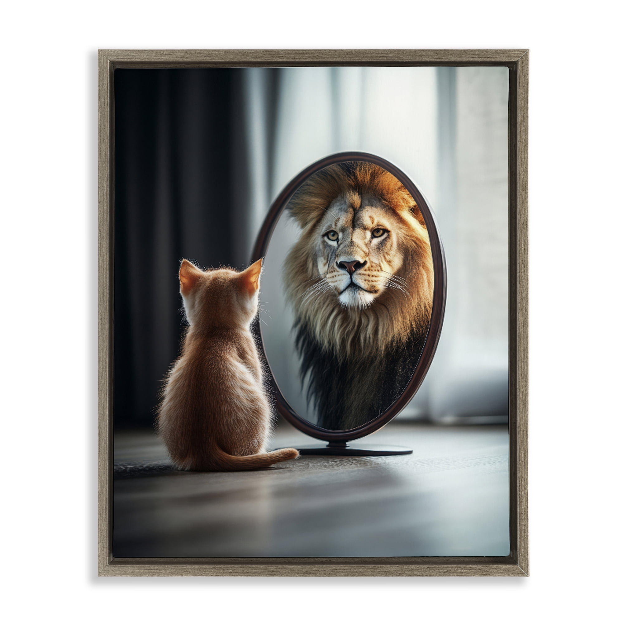 Stupell Industries Kitten Becomes Lion Illusion Brown Framed Floater Canvas Wall Art, design by Scott Stulberg