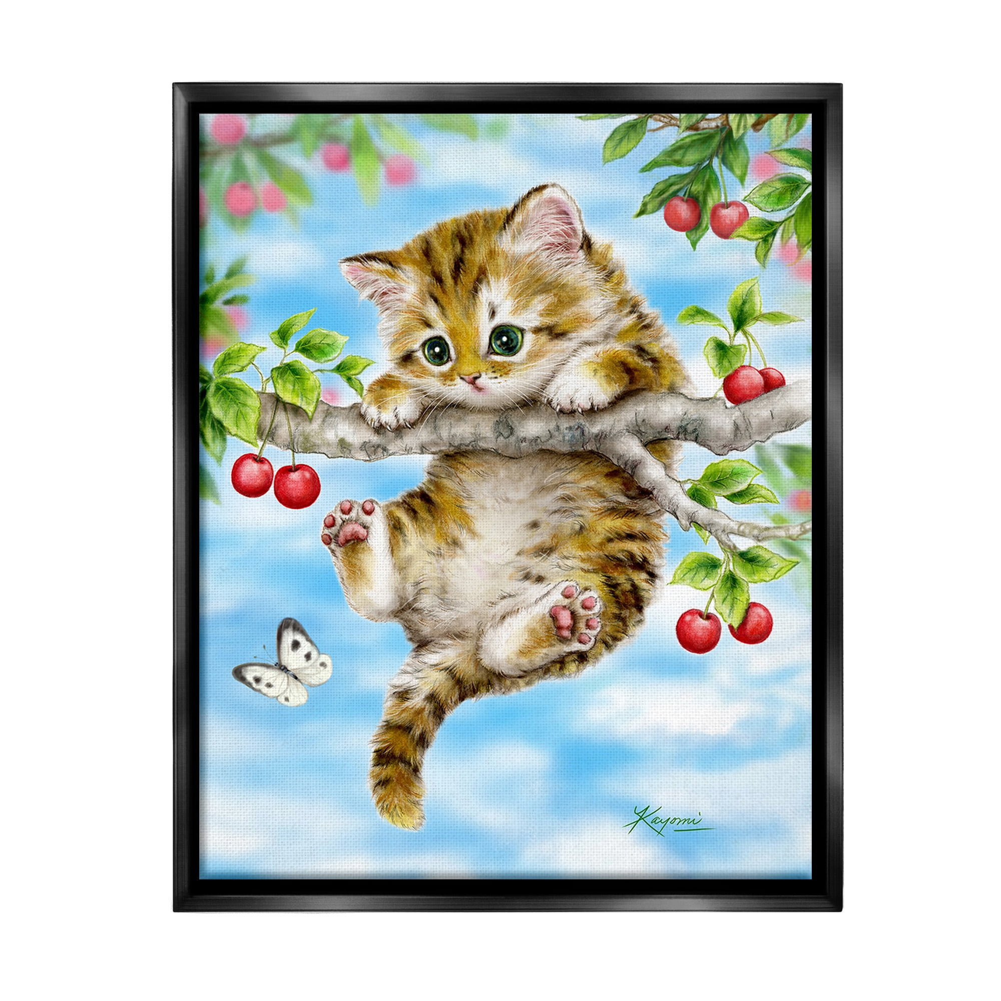 Stupell Industries Kitten Chasing Butterfly Animals & Insects Painting Black Floater Framed Canvas Art Print Wall Art, 17 x 21