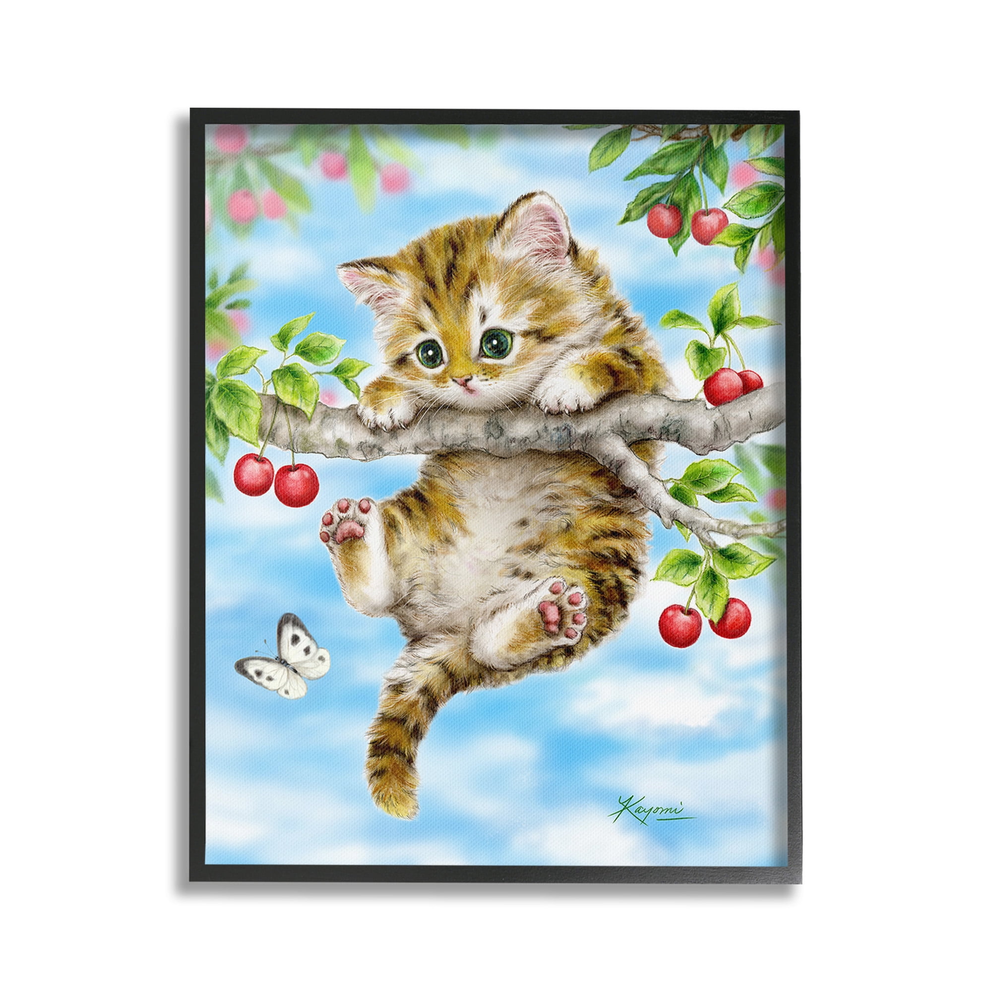 Stupell Industries Kitten Chasing Butterfly Animals & Insects Painting Black Framed Art Print Wall Art, 16 x 20