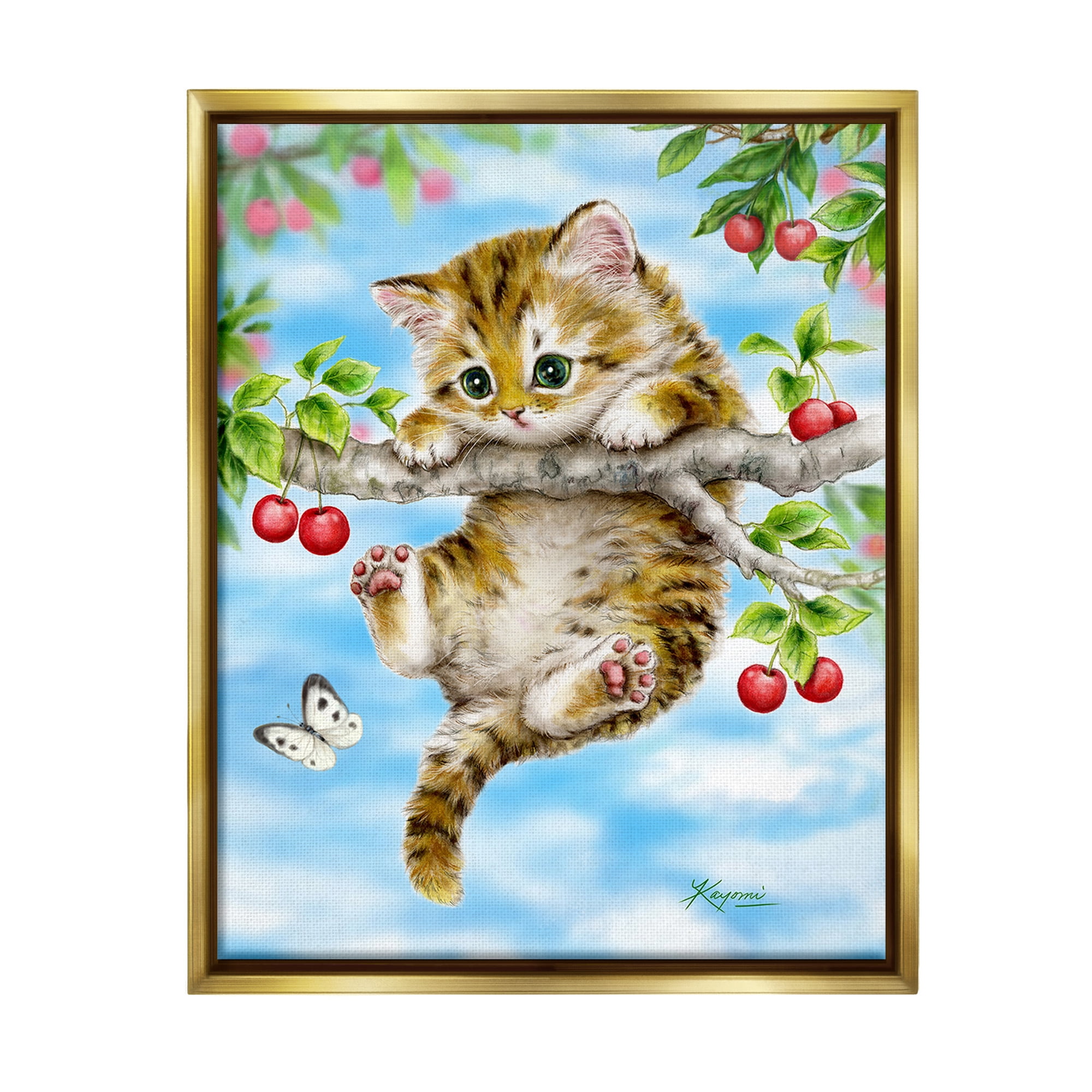 Stupell Industries Kitten Chasing Butterfly Animals & Insects Painting Gold Floater Framed Canvas Art Print Wall Art, 25 x 31