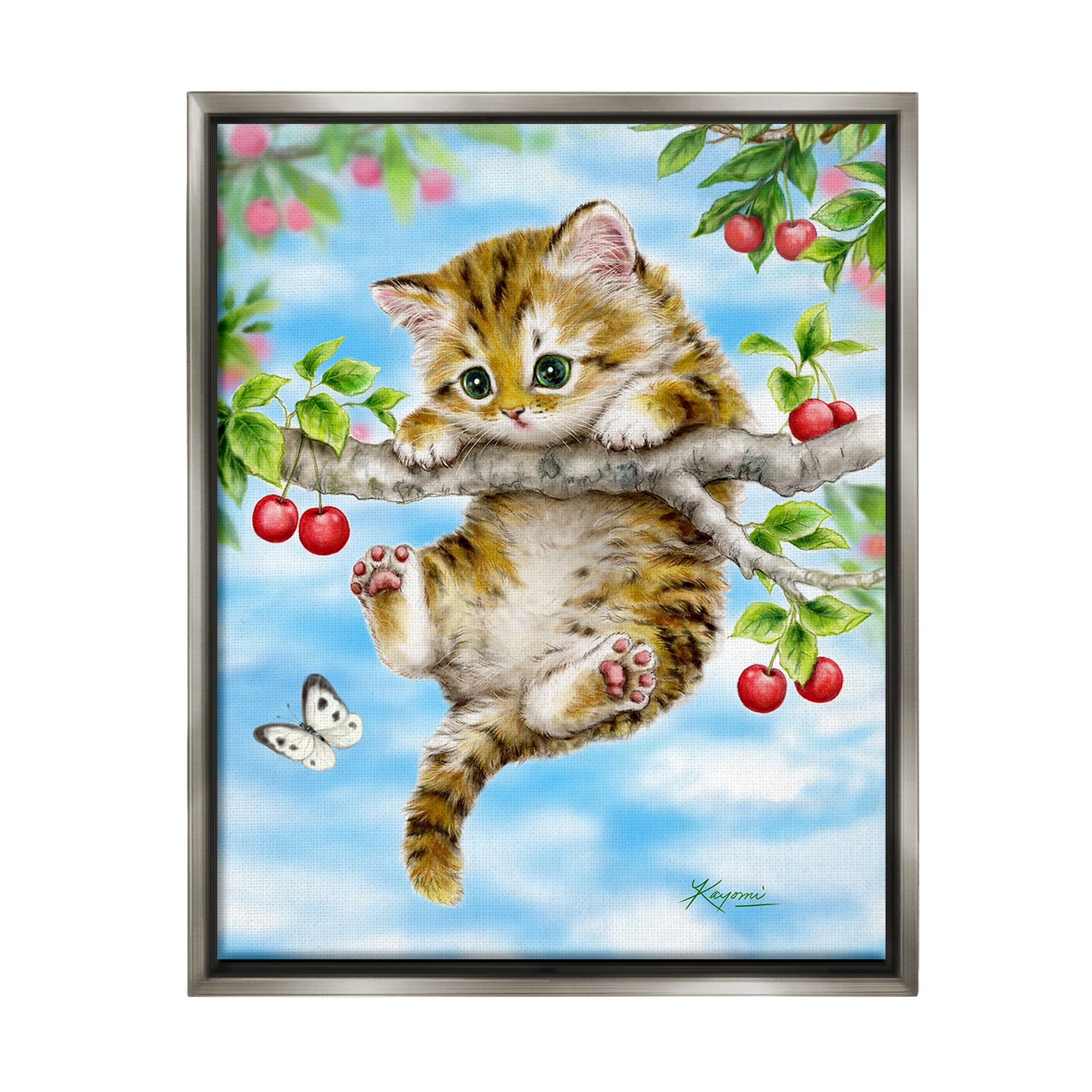 Stupell Industries Kitten Chasing Butterfly Animals & Insects Painting Gray Floater Framed Canvas Art Print Wall Art, 25 x 31