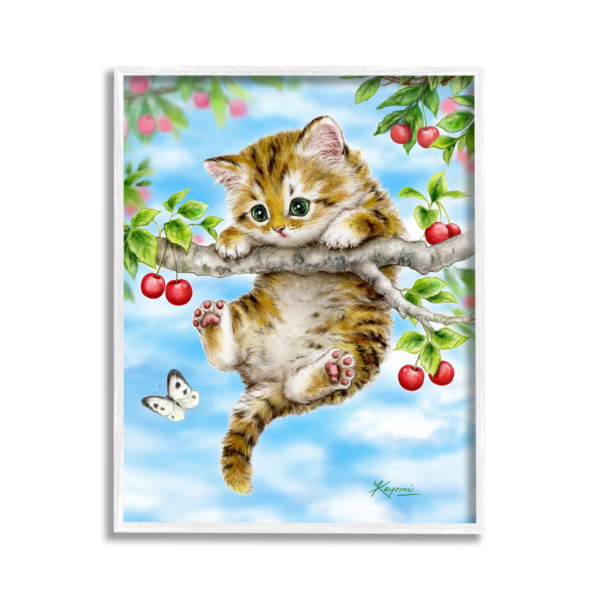 White Framed Canvas Print of Kitten Chasing Butterfly, 11 x 14