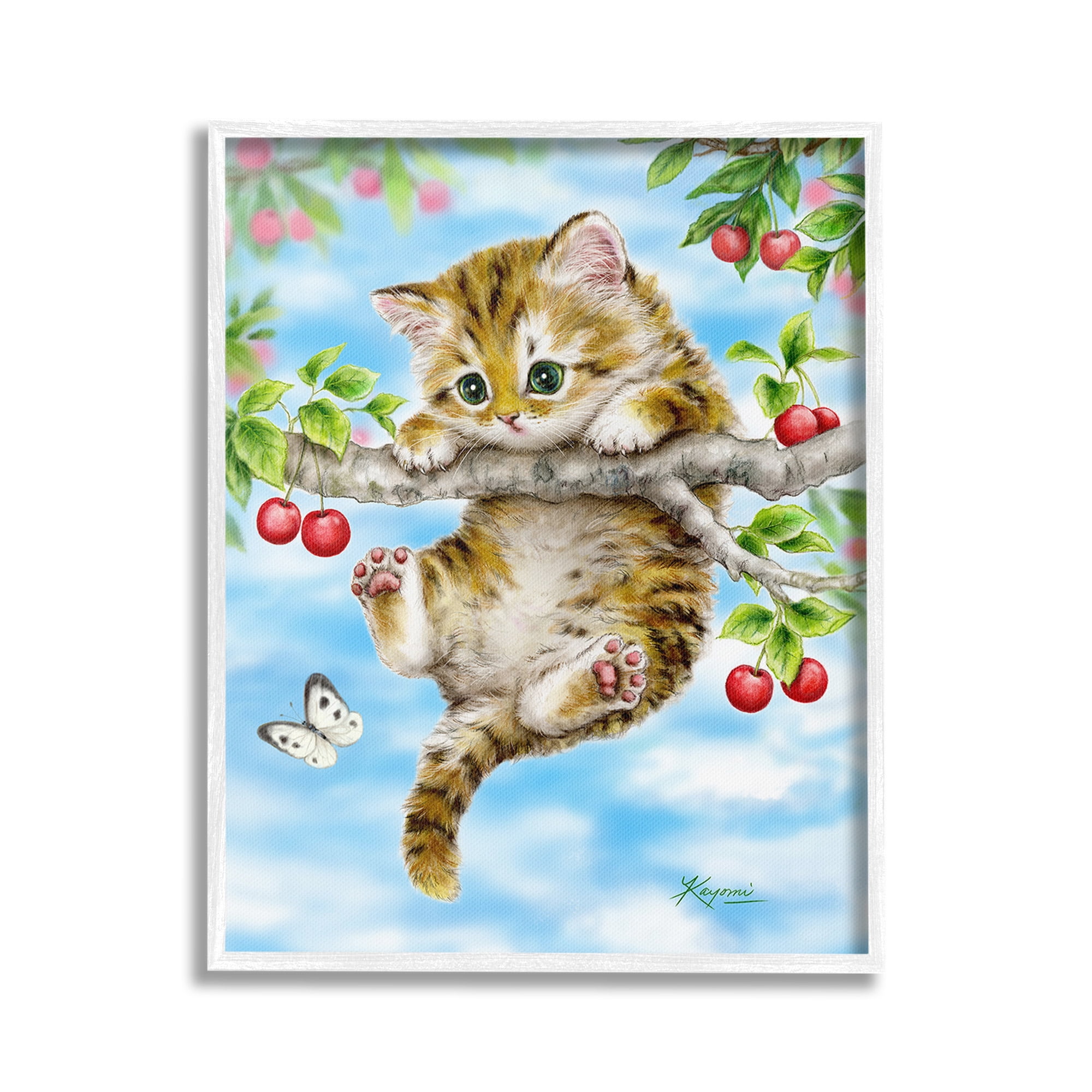Stupell Industries Kitten Chasing Butterfly Animals & Insects Painting White Framed Art Print Wall Art, 24 x 30