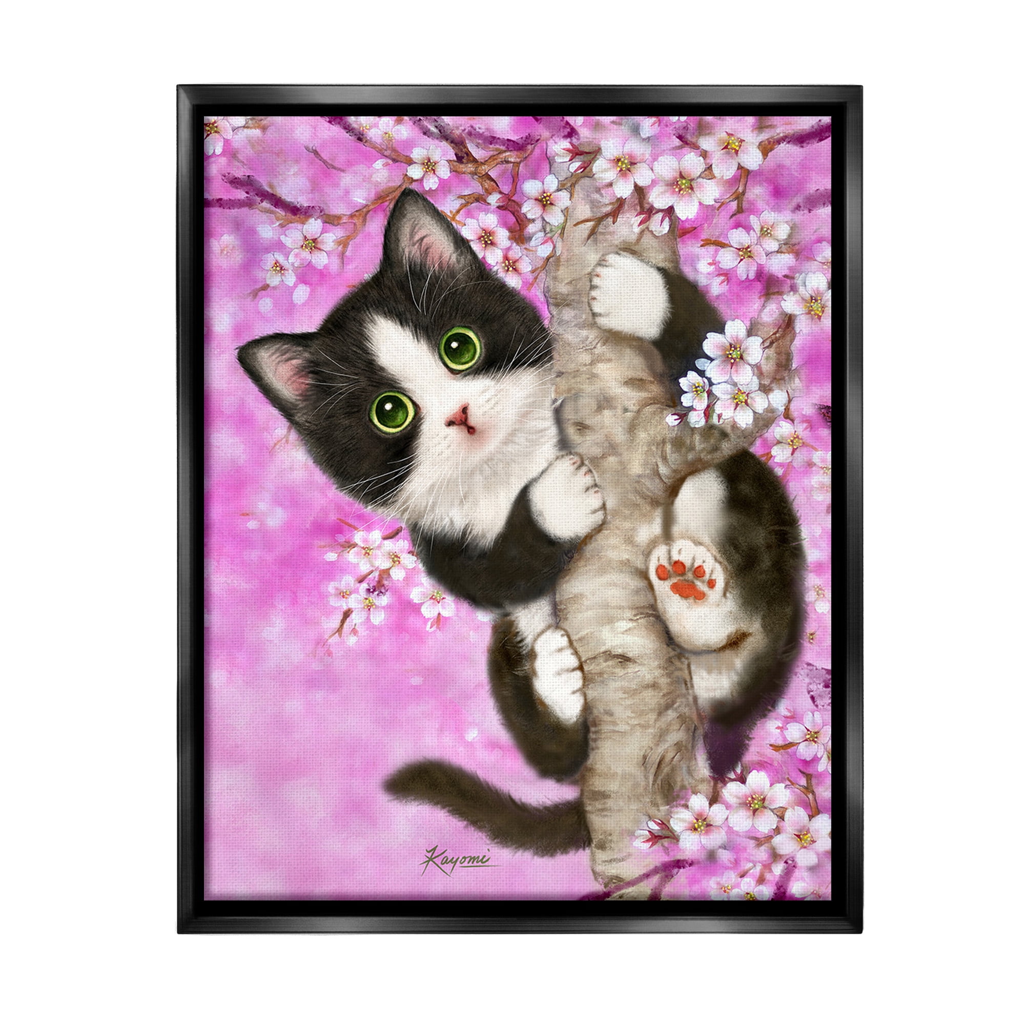 Stupell Industries Kitten & Cherry Blossoms Animals & Insects Painting Black Floater Framed Canvas Art Print Wall Art, 25 x 31