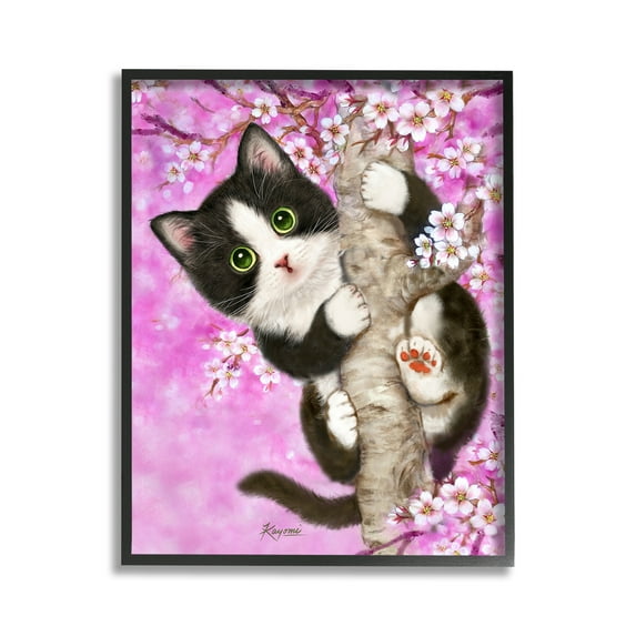 Stupell Industries Kitten & Cherry Blossoms Animals & Insects Painting Black Framed Art Print Wall Art, 11 x 14