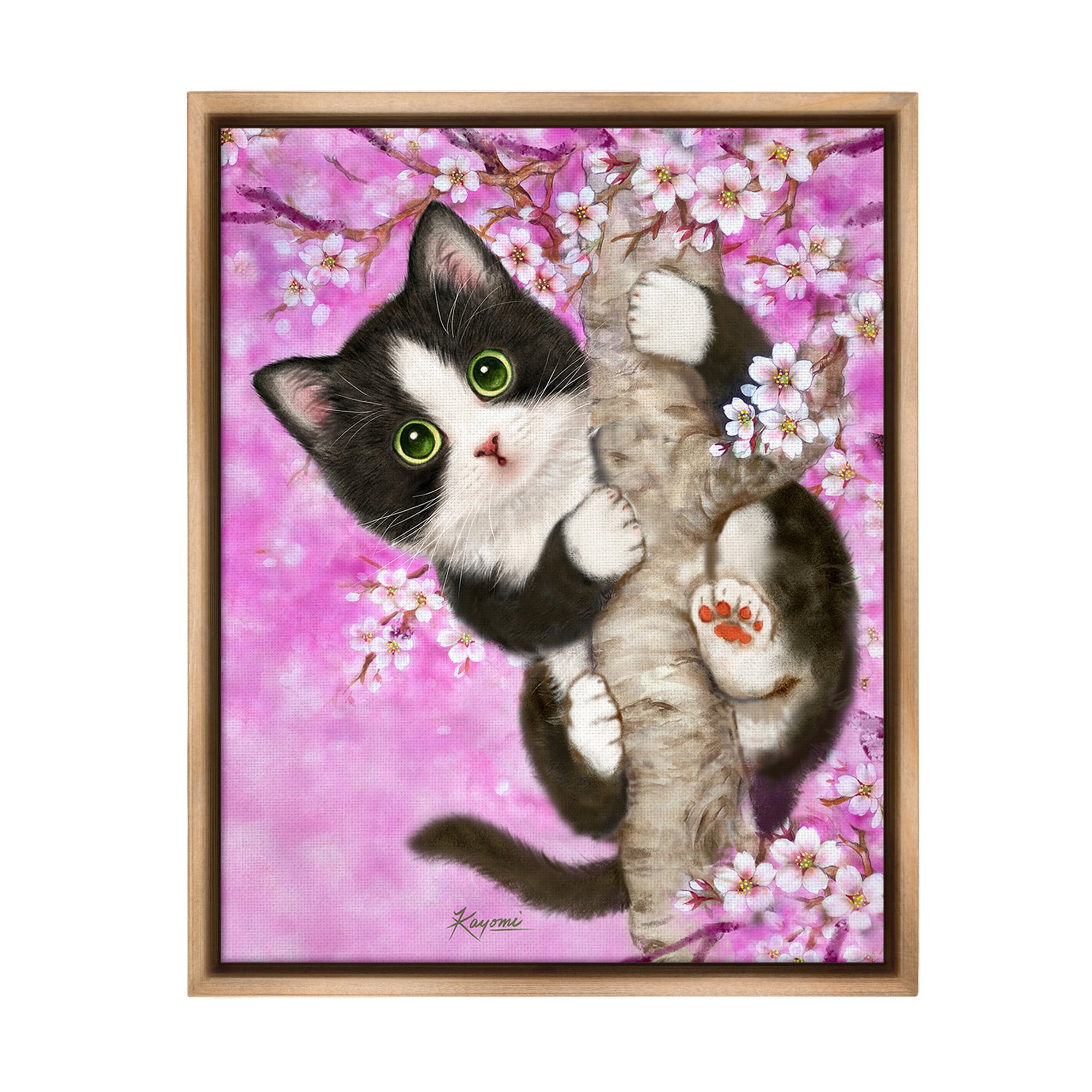Stupell Industries Kitten & Cherry Blossoms Animals & Insects Painting Brown Floater Framed Canvas Art Print Wall Art, 25 x 31