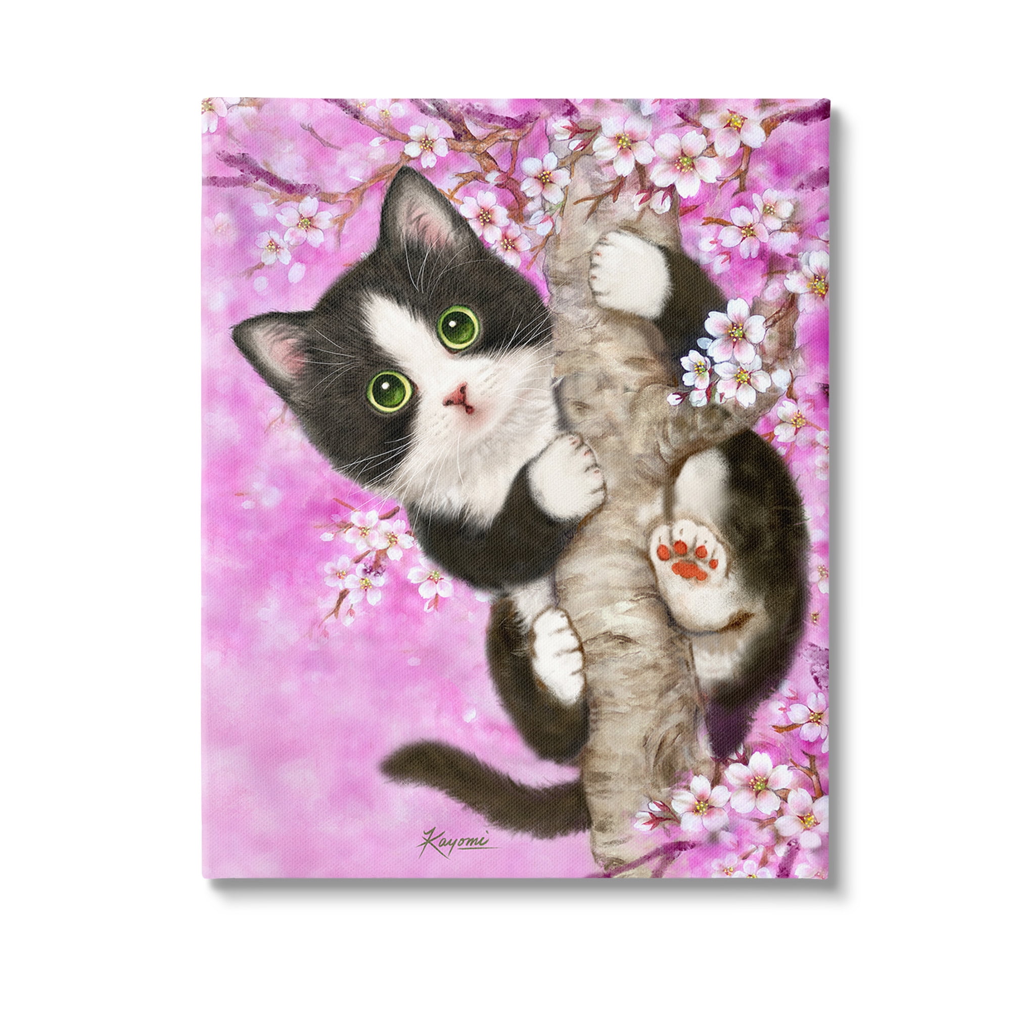 Stupell Industries Kitten & Cherry Blossoms Animals & Insects Painting Gallery Wrapped Canvas Art Print Wall Art, 30 x 40