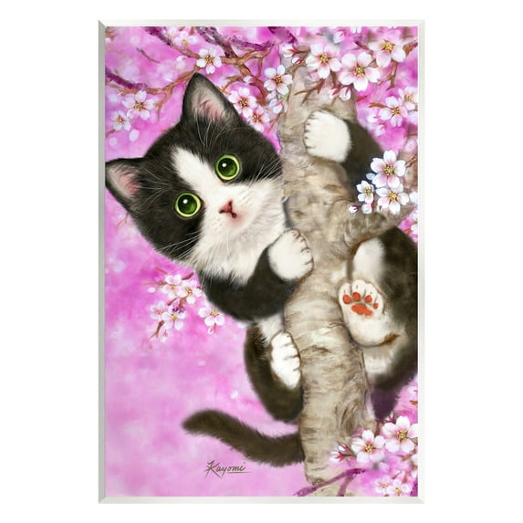 Stupell Industries Kitten & Cherry Blossoms Animals & Insects Painting Unframed Art Print Wall Art, 10 x 15