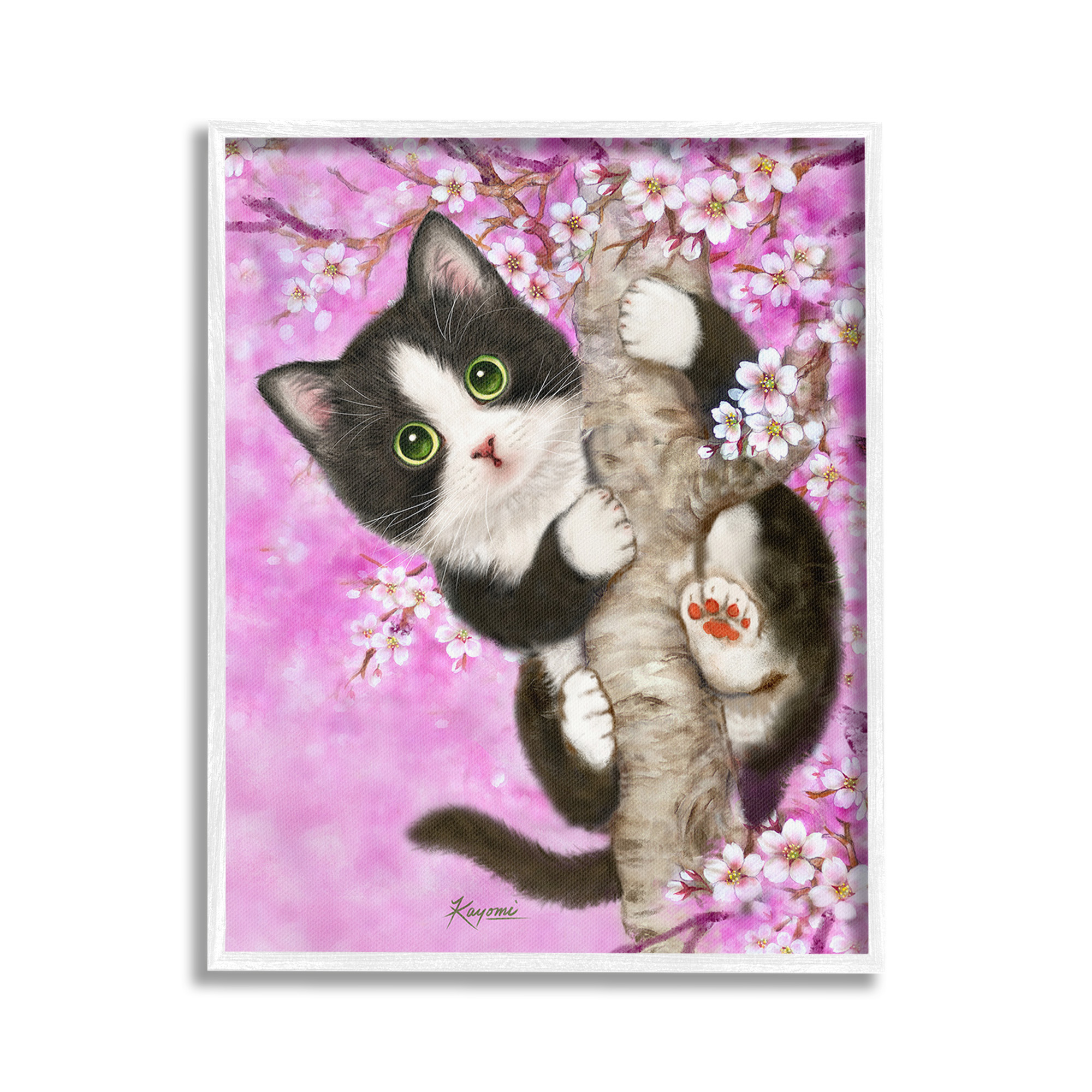 Stupell Industries Kitten & Cherry Blossoms Animals & Insects Painting White Framed Art Print Wall Art, 16 x 20