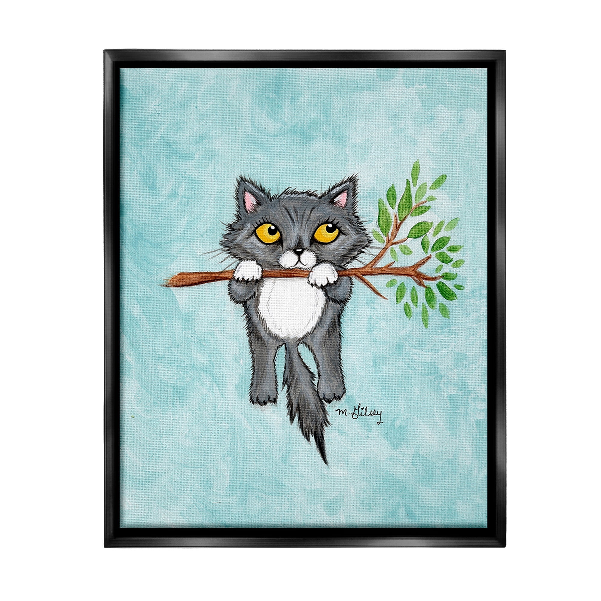 Stupell Industries Kitten Climbing Branch Animals & Insects Painting Black Floater Framed Canvas Art Print Wall Art, 25 x 31