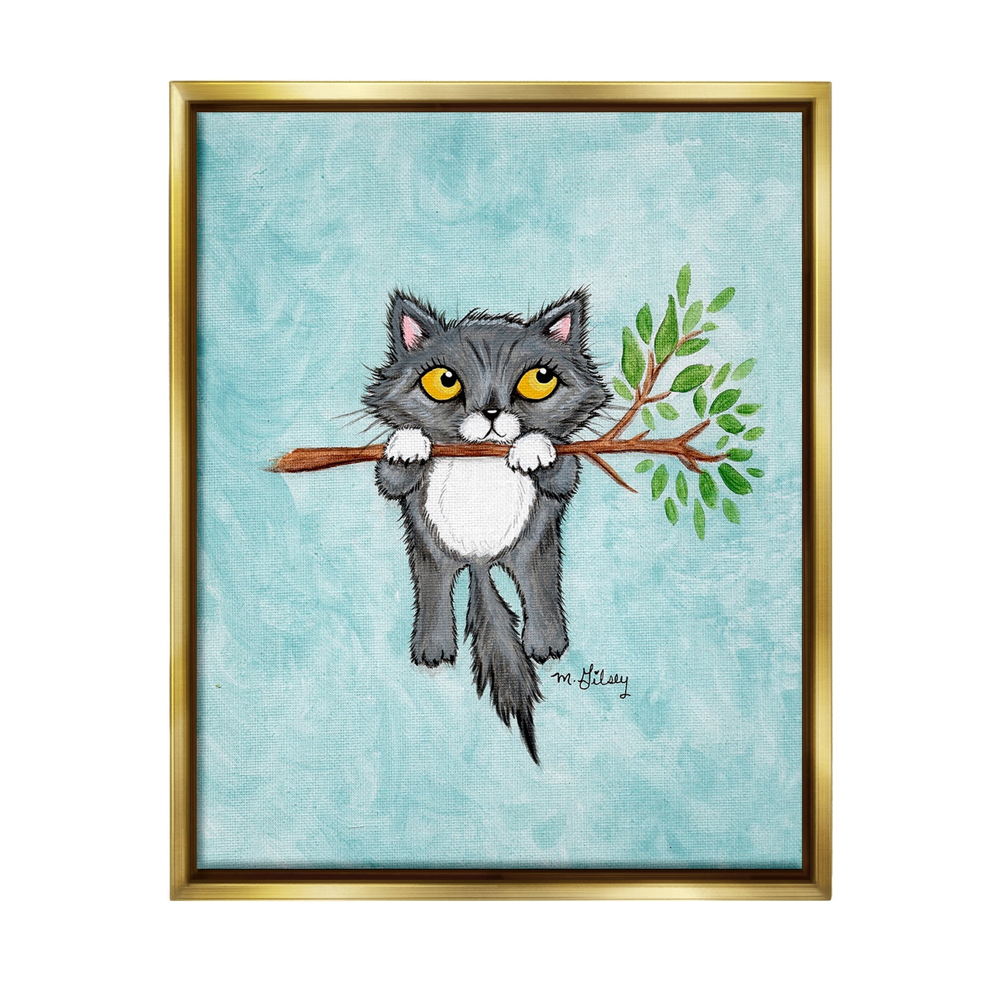 Stupell Industries Kitten Climbing Branch Animals & Insects Painting Gold Floater Framed Canvas Art Print Wall Art, 25 x 31