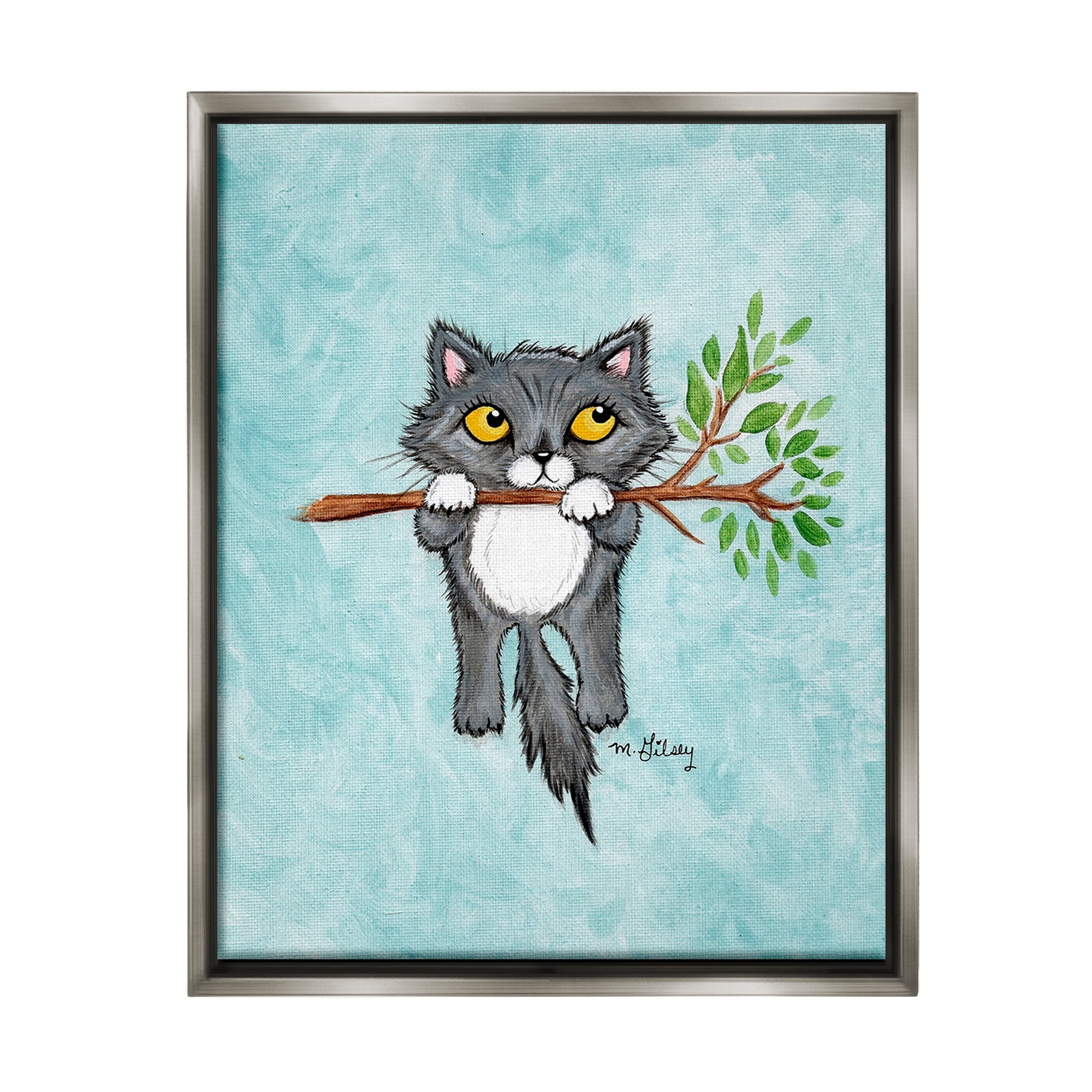 Stupell Industries Kitten Climbing Branch Animals & Insects Painting Gray Floater Framed Canvas Art Print Wall Art, 17 x 21