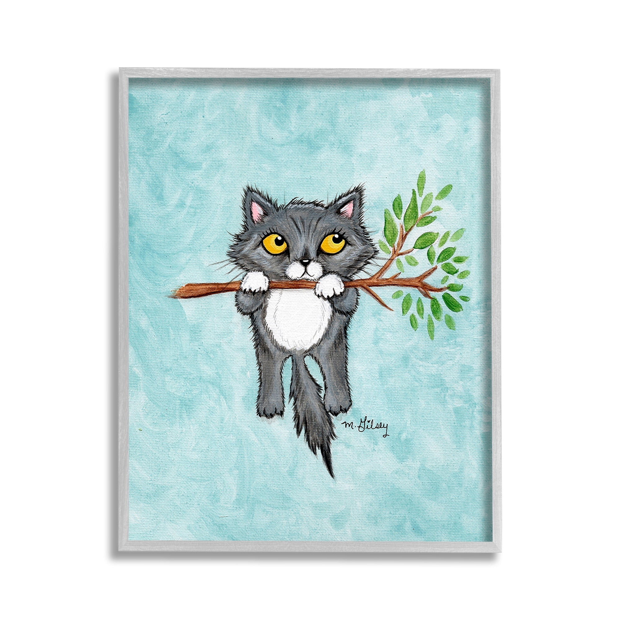 Stupell Industries Kitten Climbing Branch Animals & Insects Painting Gray Framed Art Print Wall Art, 11 x 14