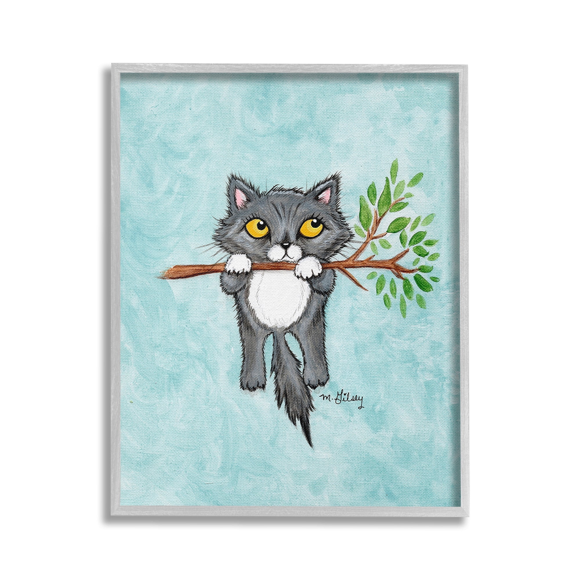 Stupell Industries Kitten Climbing Branch Animals & Insects Painting Gray Framed Art Print Wall Art, 24 x 30