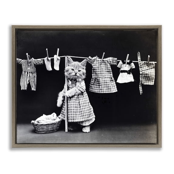 Stupell Industries Kitten Does The Laundry Animals & Insects Photography Brown Floater Framed Canvas Art Print Wall Art, 21 x 17