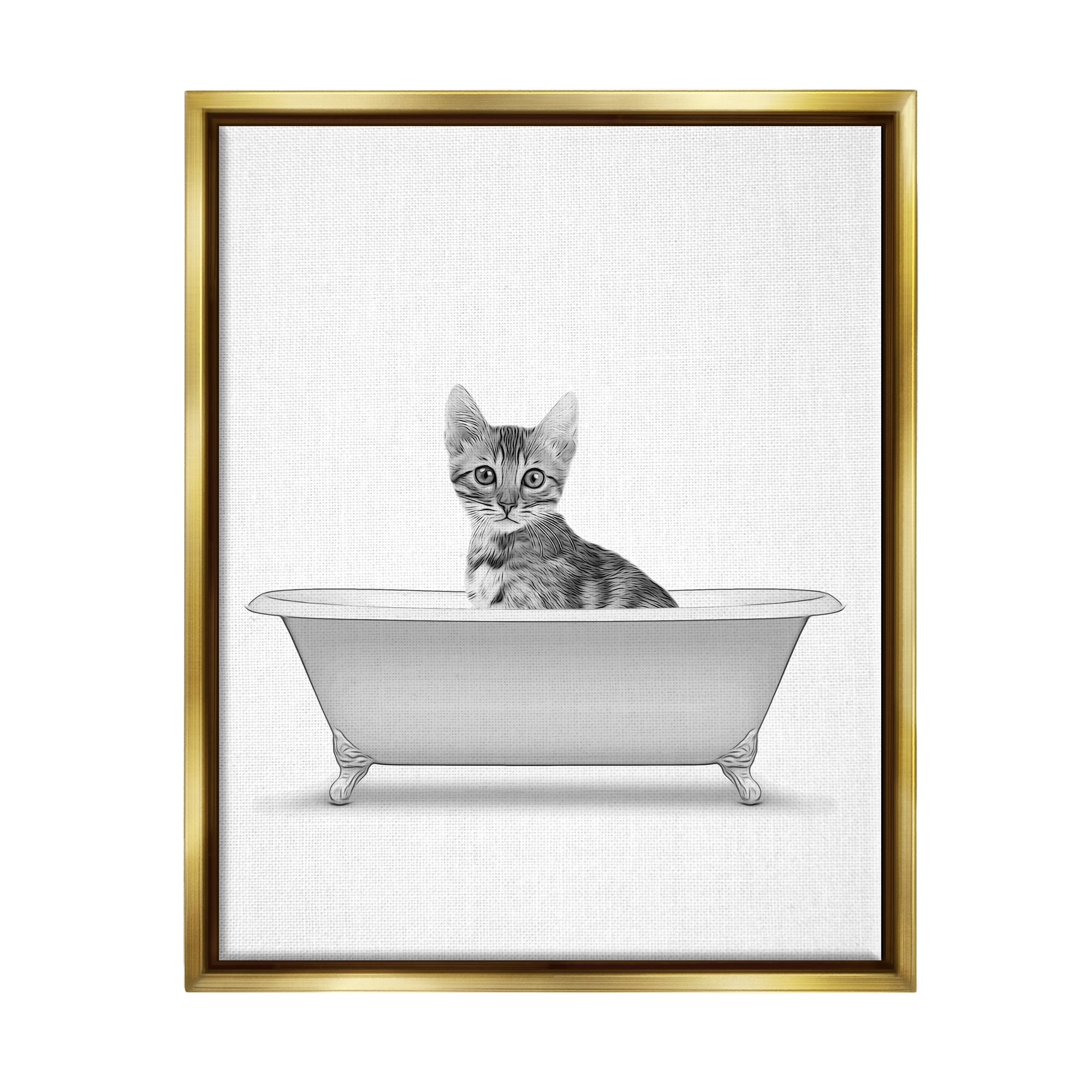 Gold Framed Black and White Kitten in Bathtub Canvas Print