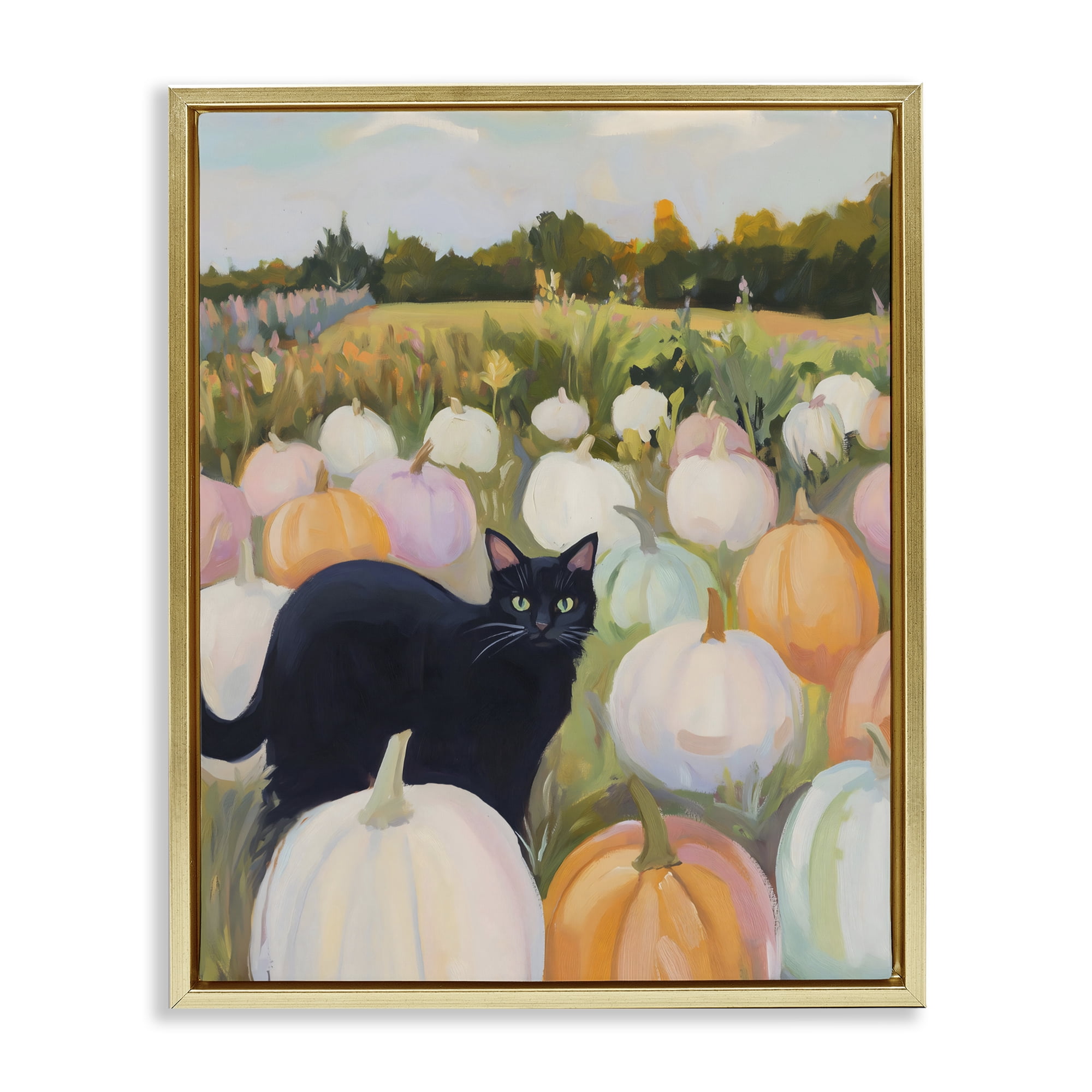 Stupell Industries Kitten & Pumpkins in Field Gold Framed Floater Canvas Wall Art, design by The Prints Vibe
