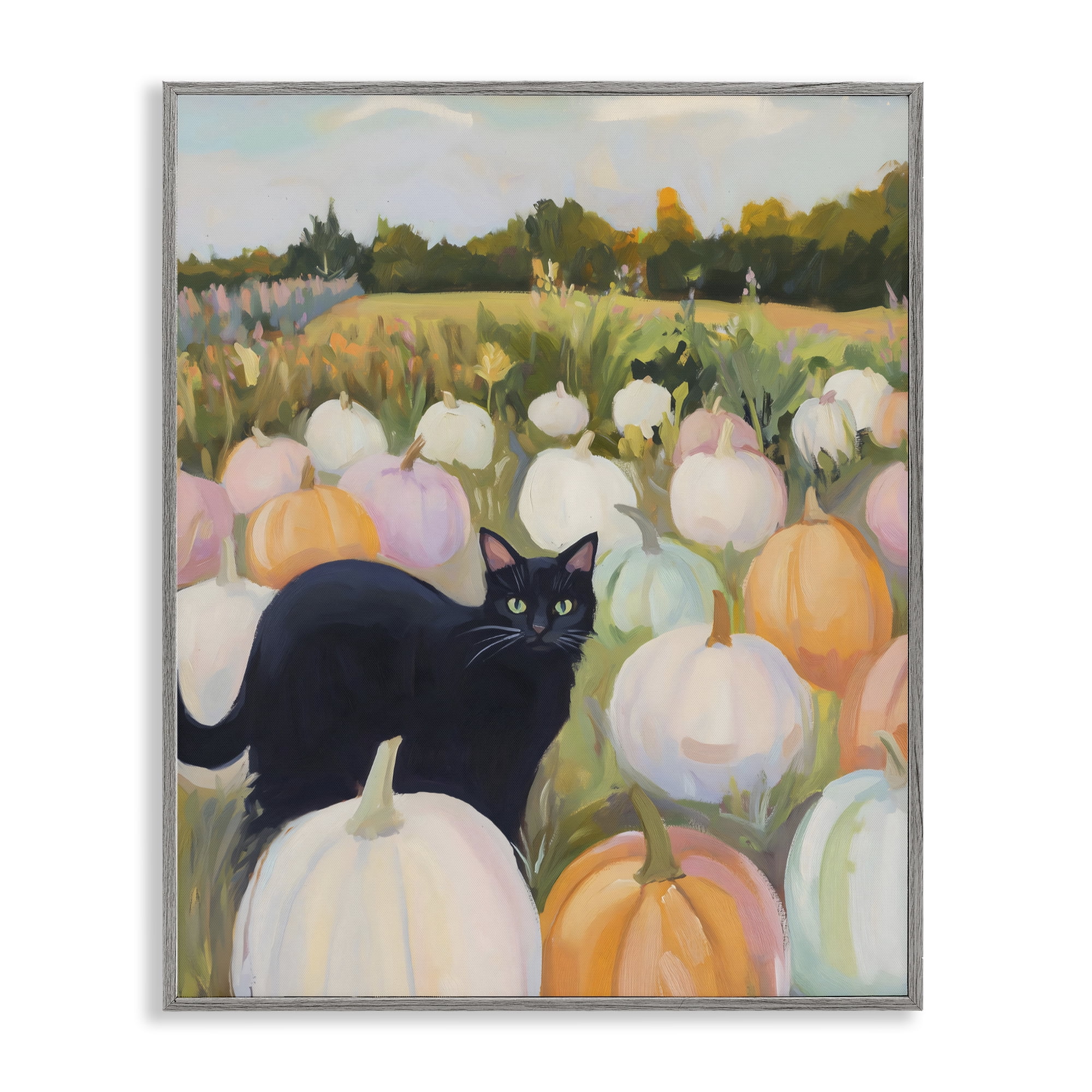 Stupell Industries Kitten & Pumpkins in Field Gray Framed Giclee Art, design by The Prints Vibe