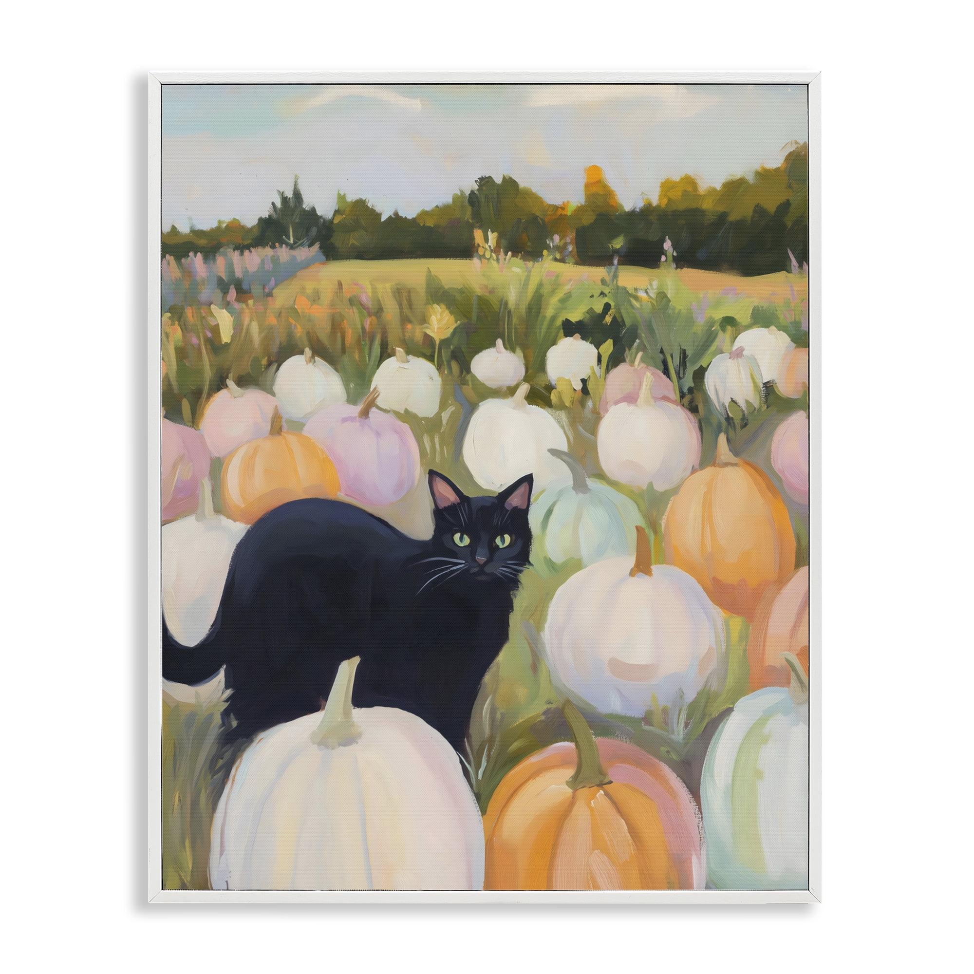 Stupell Industries Kitten & Pumpkins in Field White Framed Giclee Art, design by The Prints Vibe