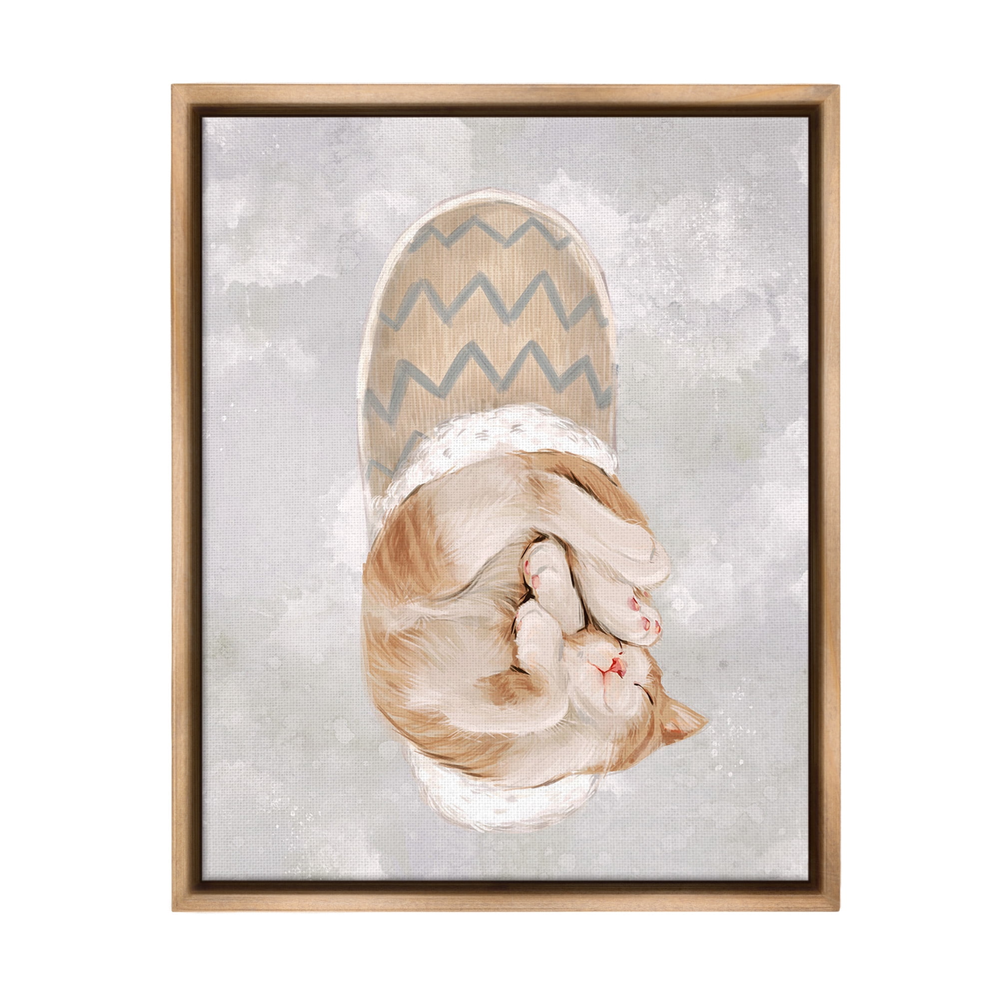 Stupell Industries Kitten Sleeping in Slipper Animals & Insects Painting Brown Floater Framed Canvas Art Print Wall Art, 17 x 21