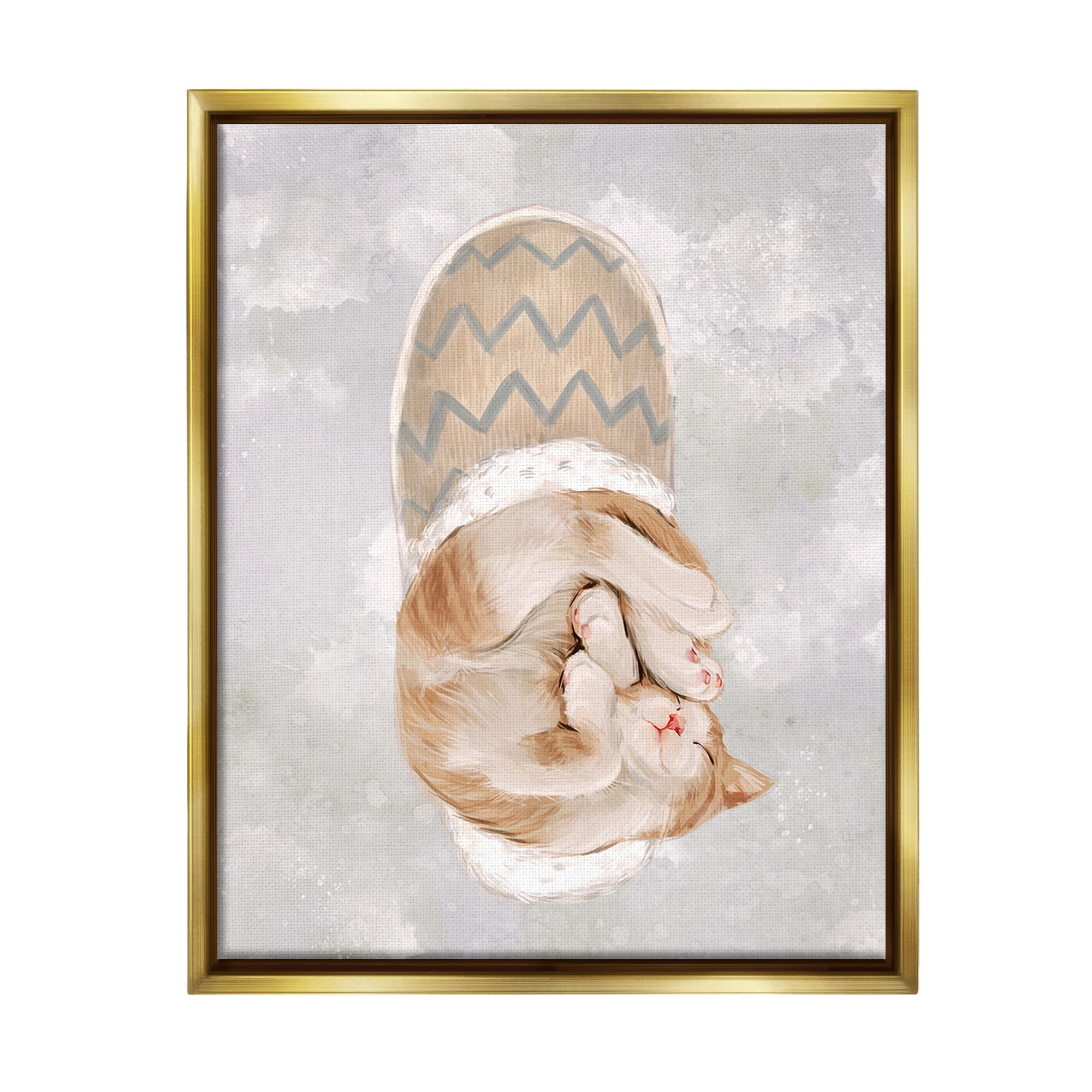Stupell Industries Kitten Sleeping in Slipper Animals & Insects Painting Gold Floater Framed Canvas Art Print Wall Art, 17 x 21