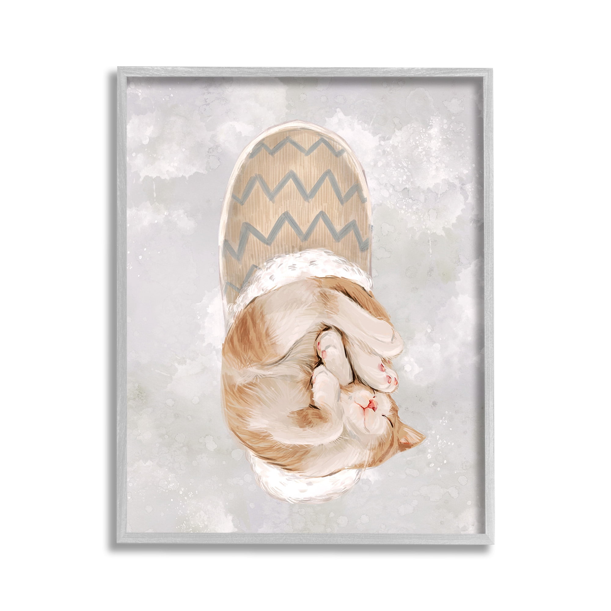 Stupell Industries Kitten Sleeping in Slipper Animals & Insects Painting Gray Framed Art Print Wall Art, 11 x 14