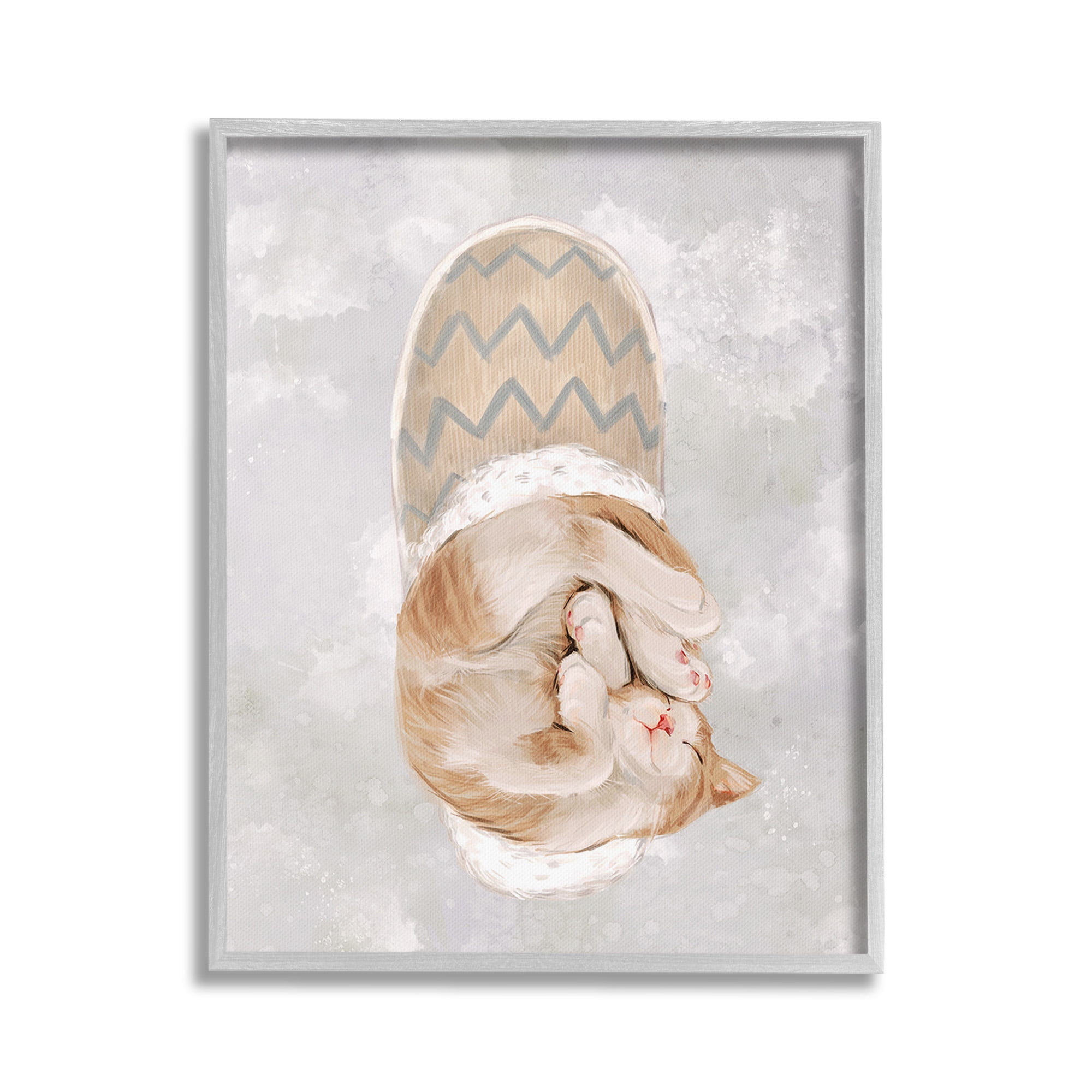 Stupell Industries Kitten Sleeping in Slipper Animals & Insects Painting Gray Framed Art Print Wall Art, 24 x 30