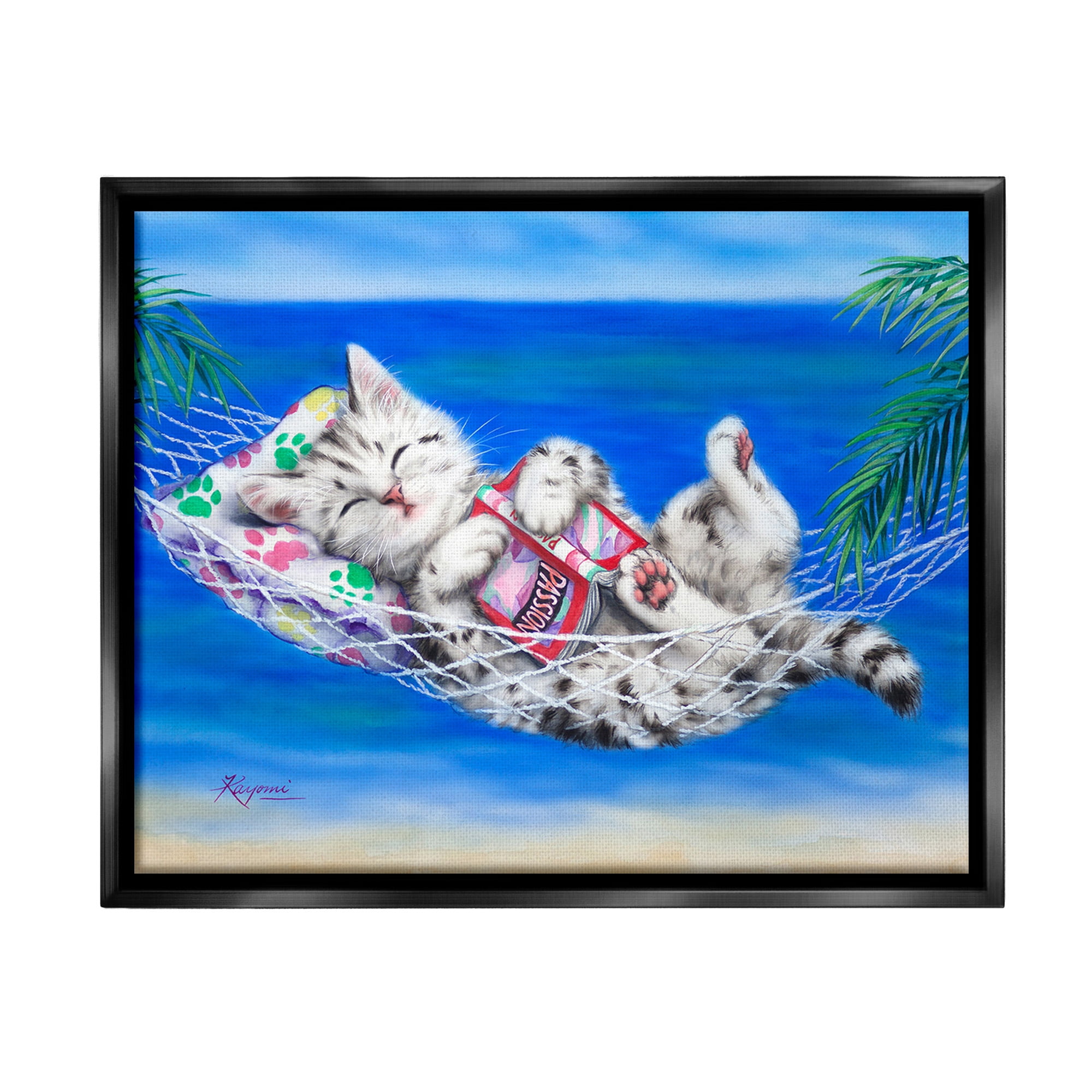 Stupell Industries Kitten Sleeping on Beach Animals & Insects Painting Black Floater Framed Canvas Art Print Wall Art, 21 x 17